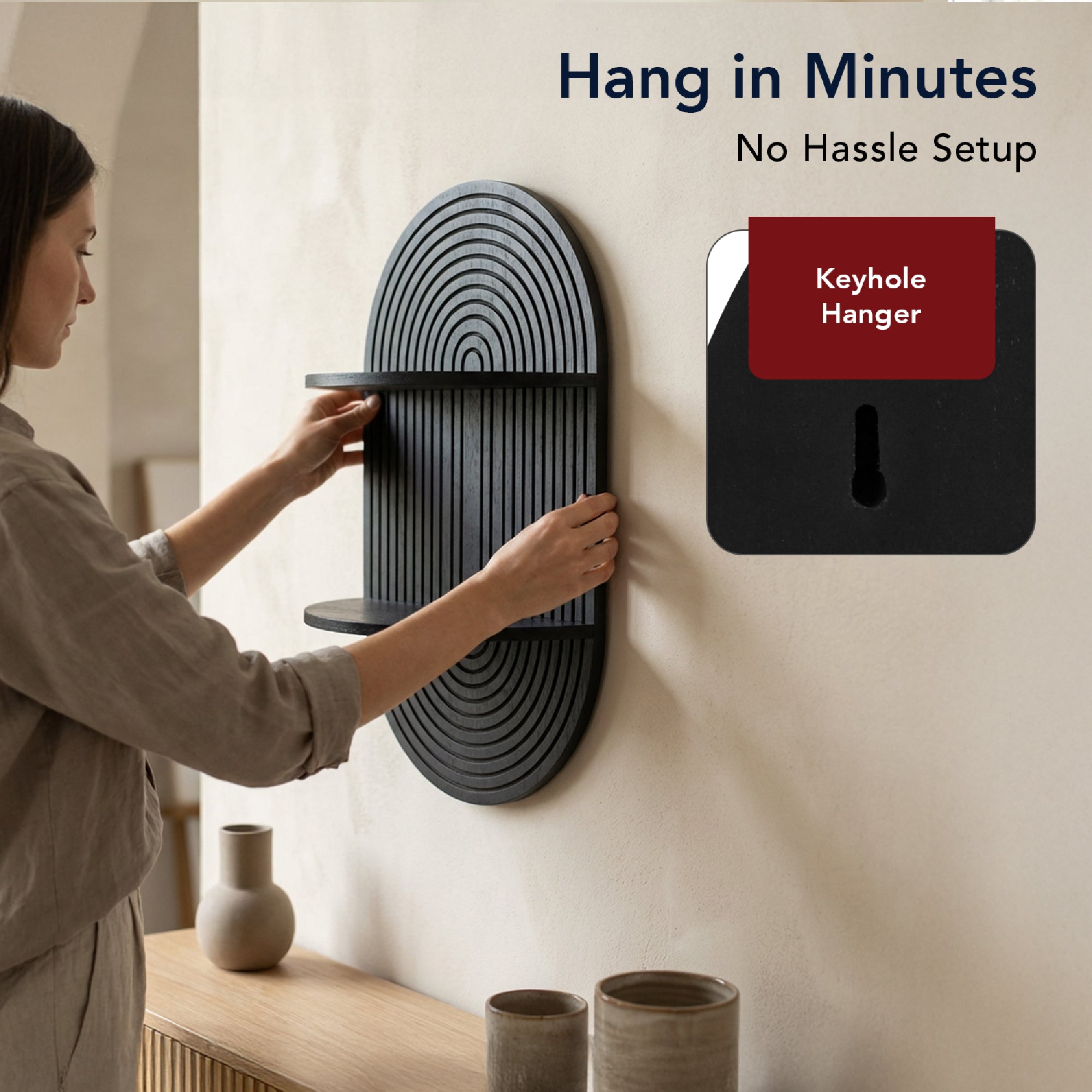 Black Boho Arched Carved Modular Lunar Ledges 2-Tier Floating Wall Shelf