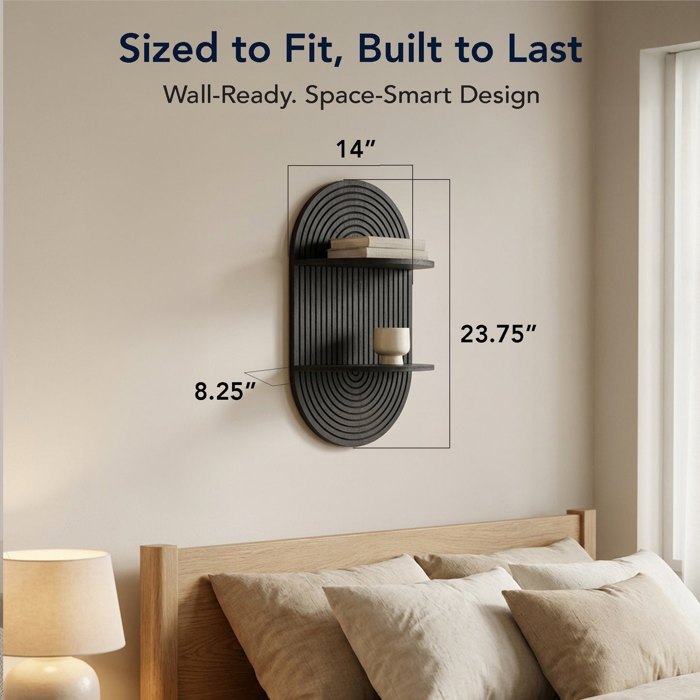 Black Boho Arched Carved Modular Lunar Ledges 2-Tier Floating Wall Shelf