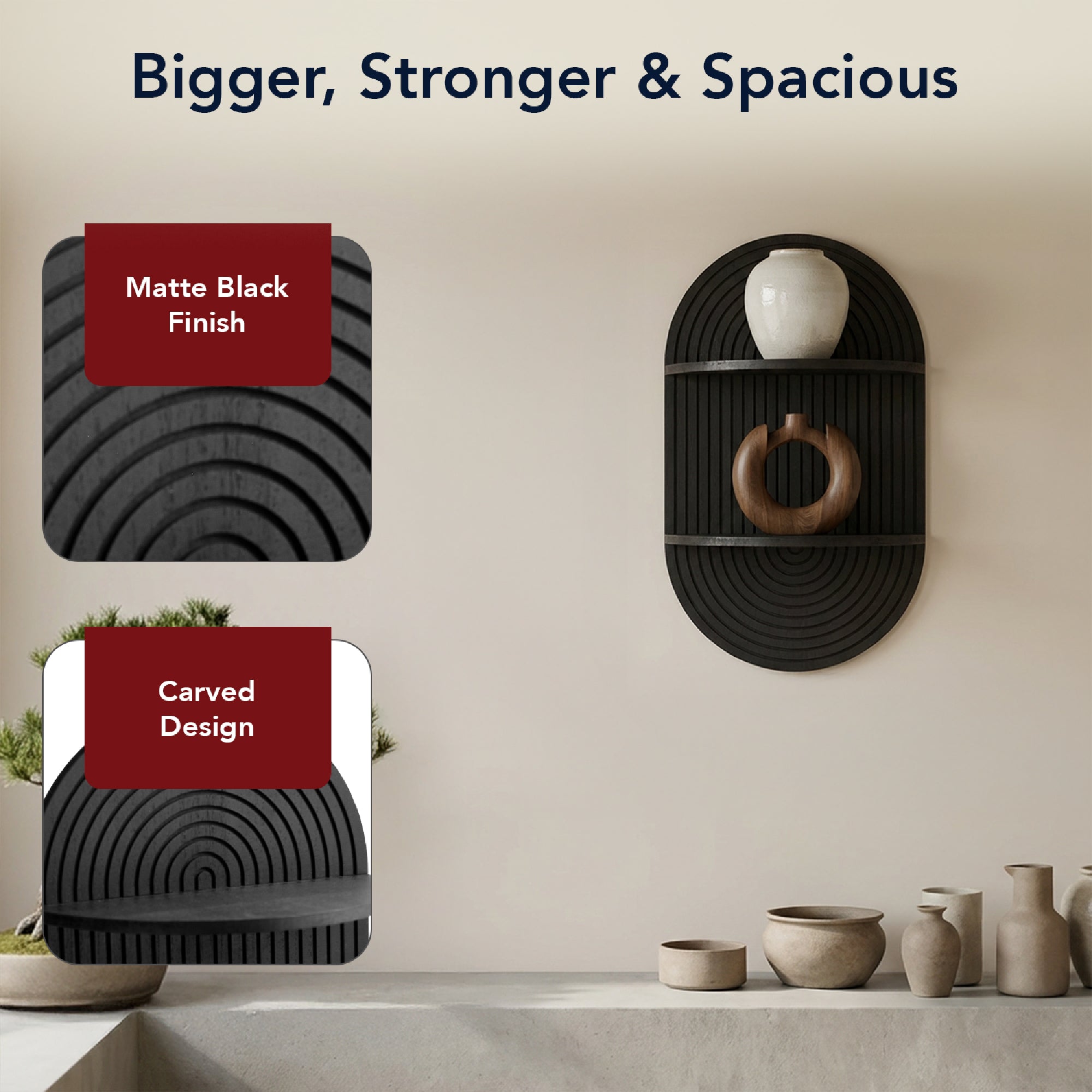 Black Boho Arched Carved Modular Lunar Ledges 2-Tier Floating Wall Shelf