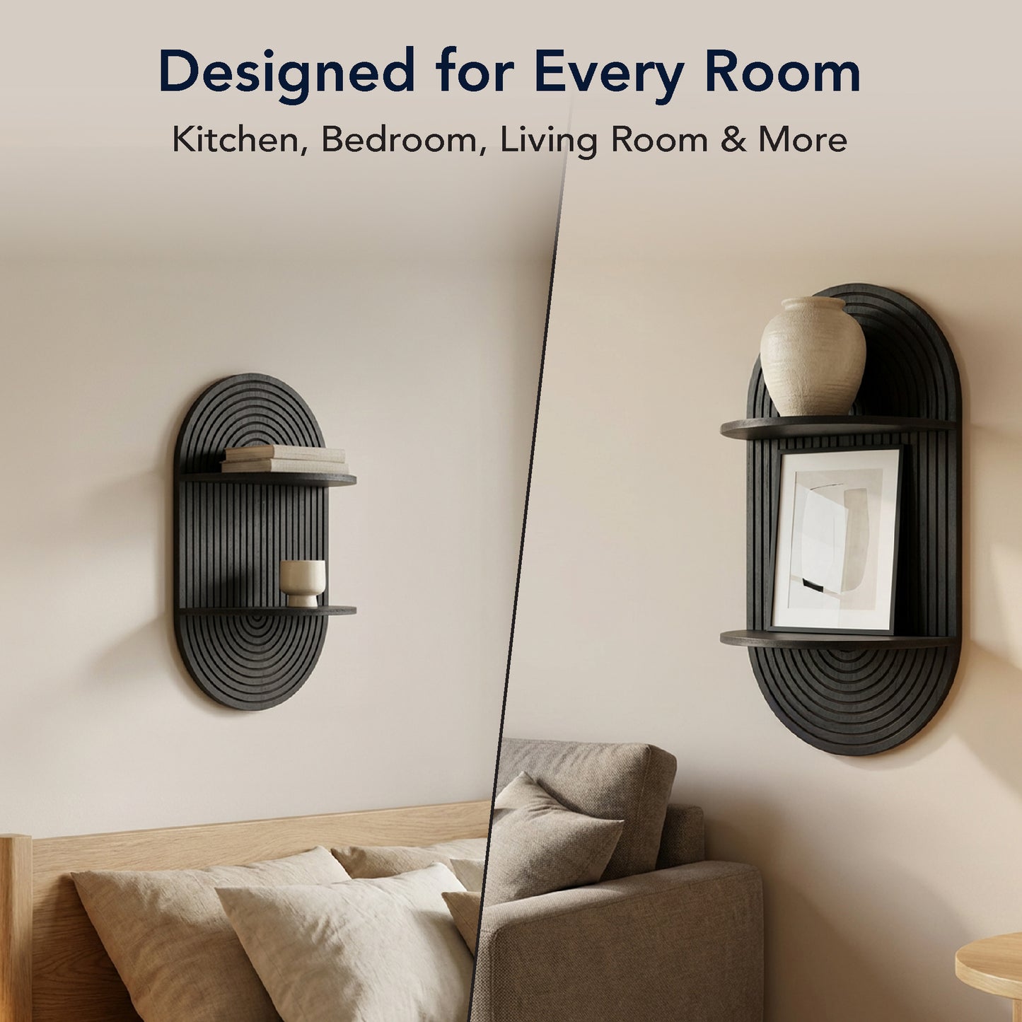 Black Boho Arched Carved Modular Lunar Ledges 2-Tier Floating Wall Shelf