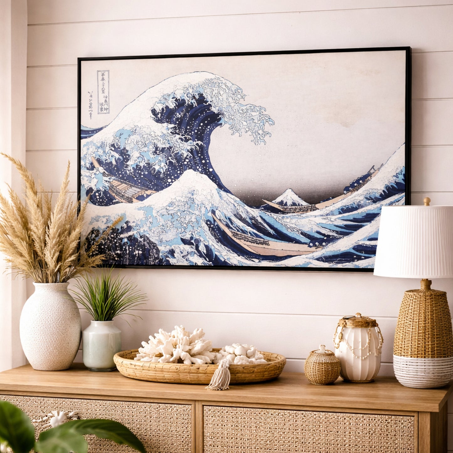 Framed Canvas Wall Print (Textured) - The Great Wave by Hokusai, Japanese