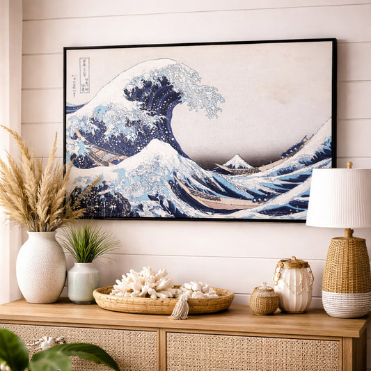 Framed Canvas Wall Print (Textured) - The Great Wave by Hokusai, Japanese
