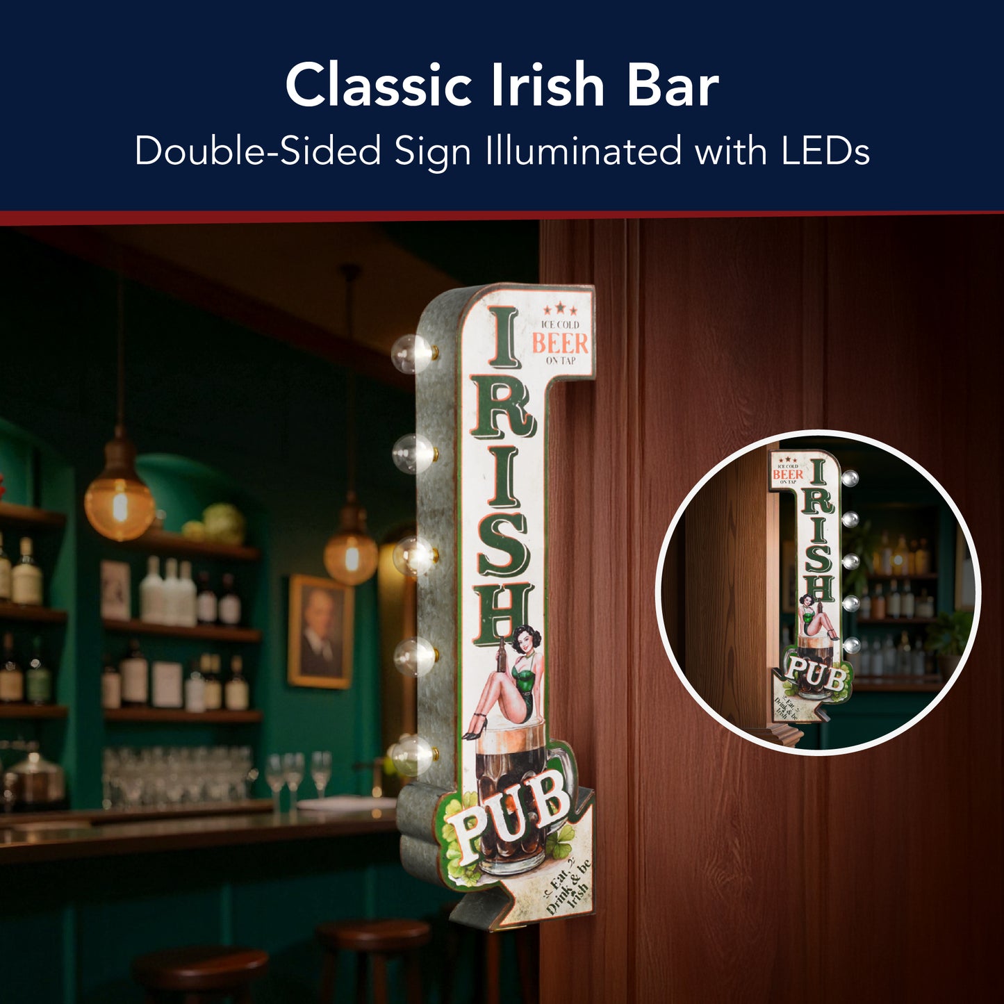 Vintage 'Irish PUB' LED Metal Sign - Retro Bar Wall Decor, masculine wall decor, rustic, metal, man cave, game room, and home bar decor for men, designed for man cave, game room, home bar, bar, rustic, created for statement-driven interiors.