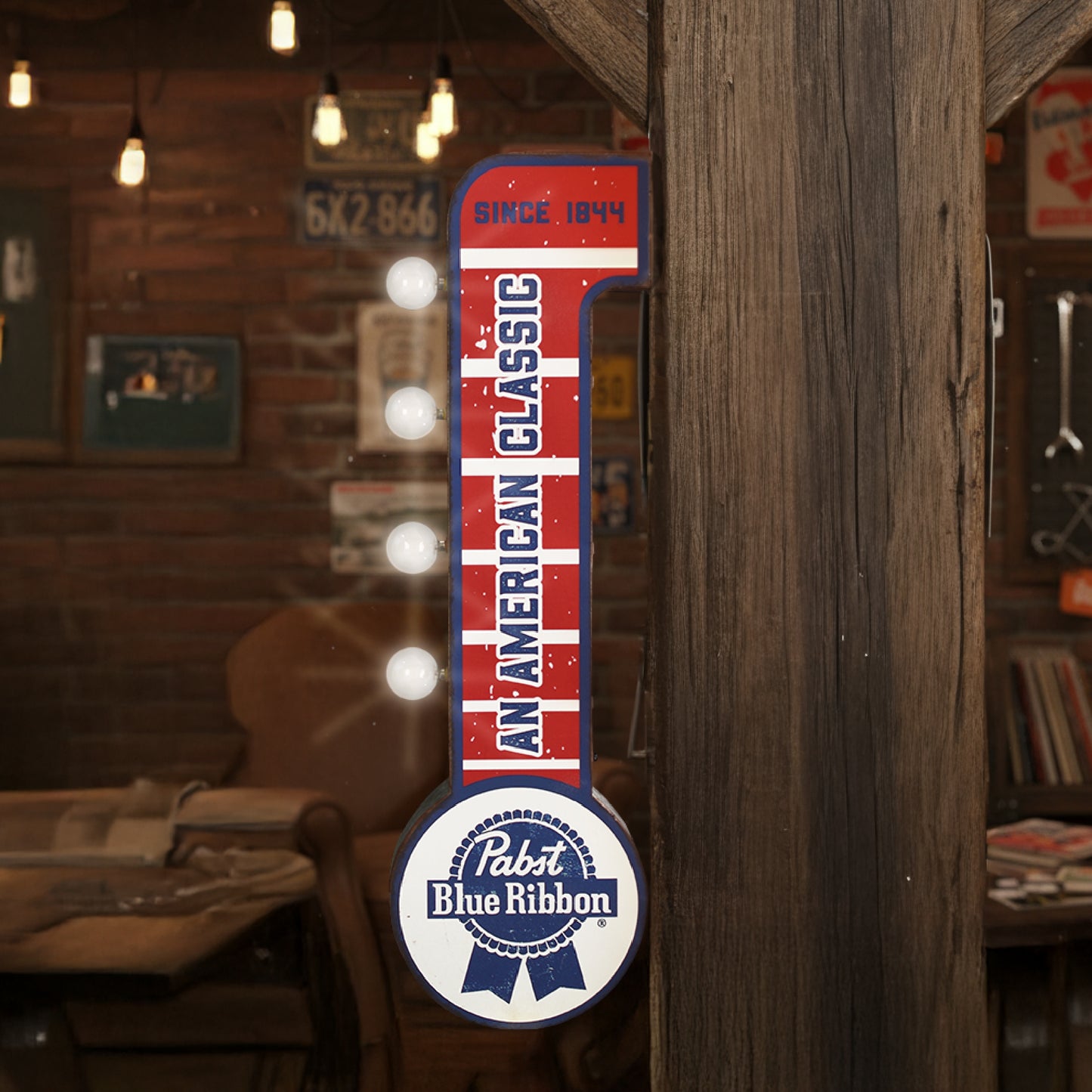 Pabst Blue Ribbon LED Metal Sign - Retro Marquee Wall Decor, masculine wall decor, metal, man cave, game room, and home bar decor for men.