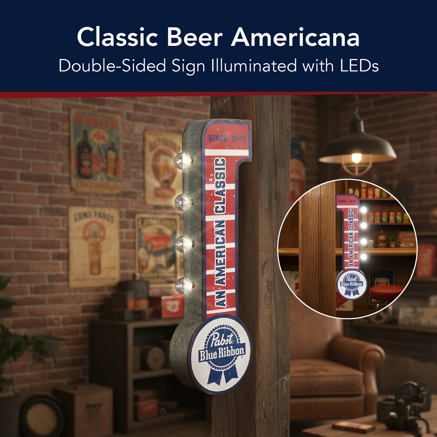 Pabst Blue Ribbon LED Metal Sign - Retro Marquee Wall Decor, masculine wall decor, metal, man cave, game room, and home bar decor for men, designed for man cave, game room, home bar, bar, adds visual weight to a curated space.