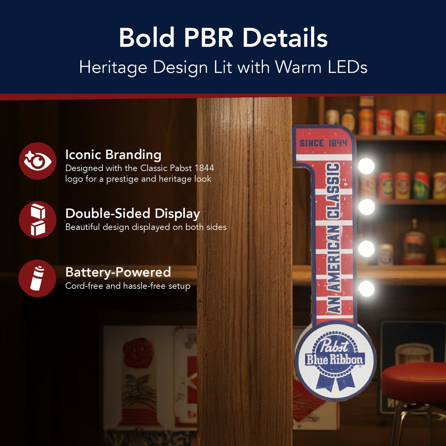 Pabst Blue Ribbon LED Metal Sign - Retro Marquee Wall Decor, masculine wall decor, metal, man cave, game room, and home bar decor for men, designed for man cave, game room, home bar, bar, styled as a bold focal point.