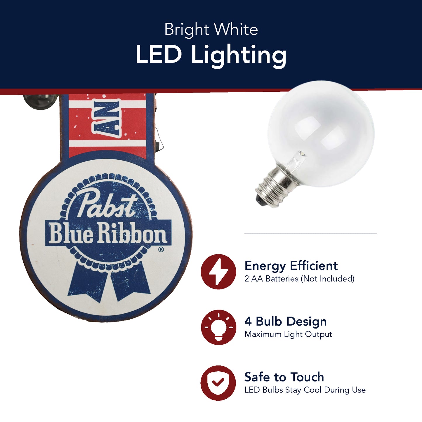 Pabst Blue Ribbon LED Metal Sign - Retro Marquee Wall Decor, masculine wall decor, metal, man cave, game room, and home bar decor for men, designed for man cave, game room, home bar, bar, shown in masculine interior styling.