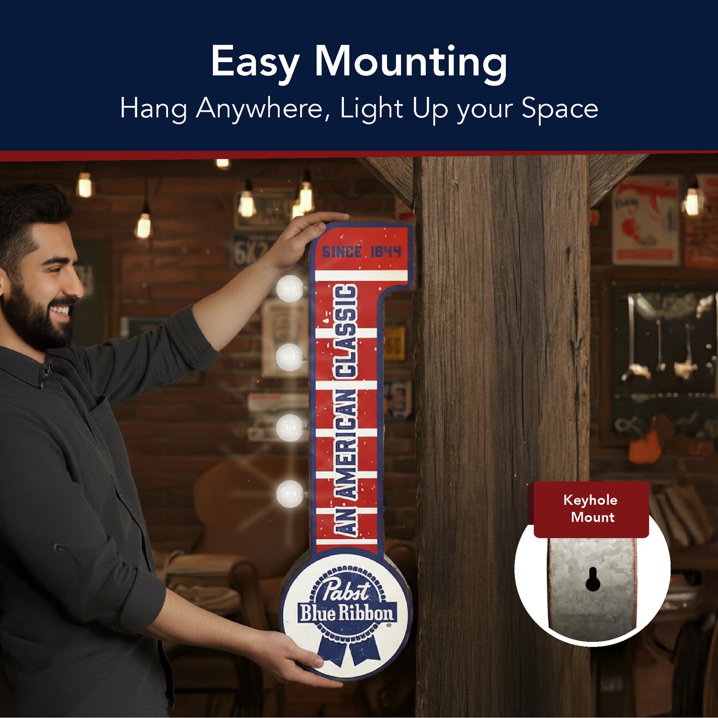 Pabst Blue Ribbon LED Metal Sign - Retro Marquee Wall Decor, masculine wall decor, metal, man cave, game room, and home bar decor for men, designed for man cave, game room, home bar, bar, designed to anchor a dedicated entertainment space.