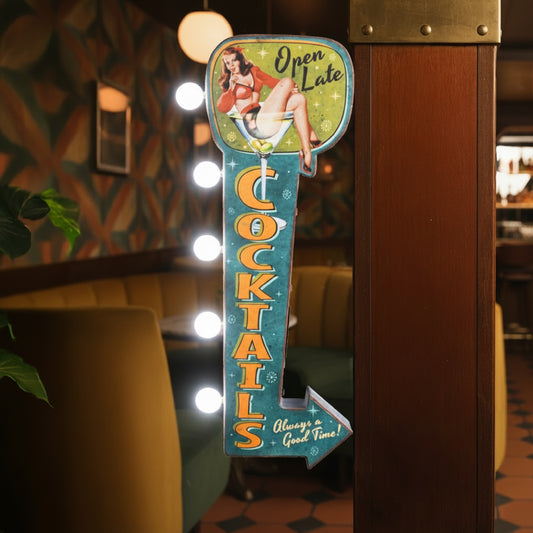 Vintage 'Cocktails' LED Metal Sign - Retro Marquee Wall Decor