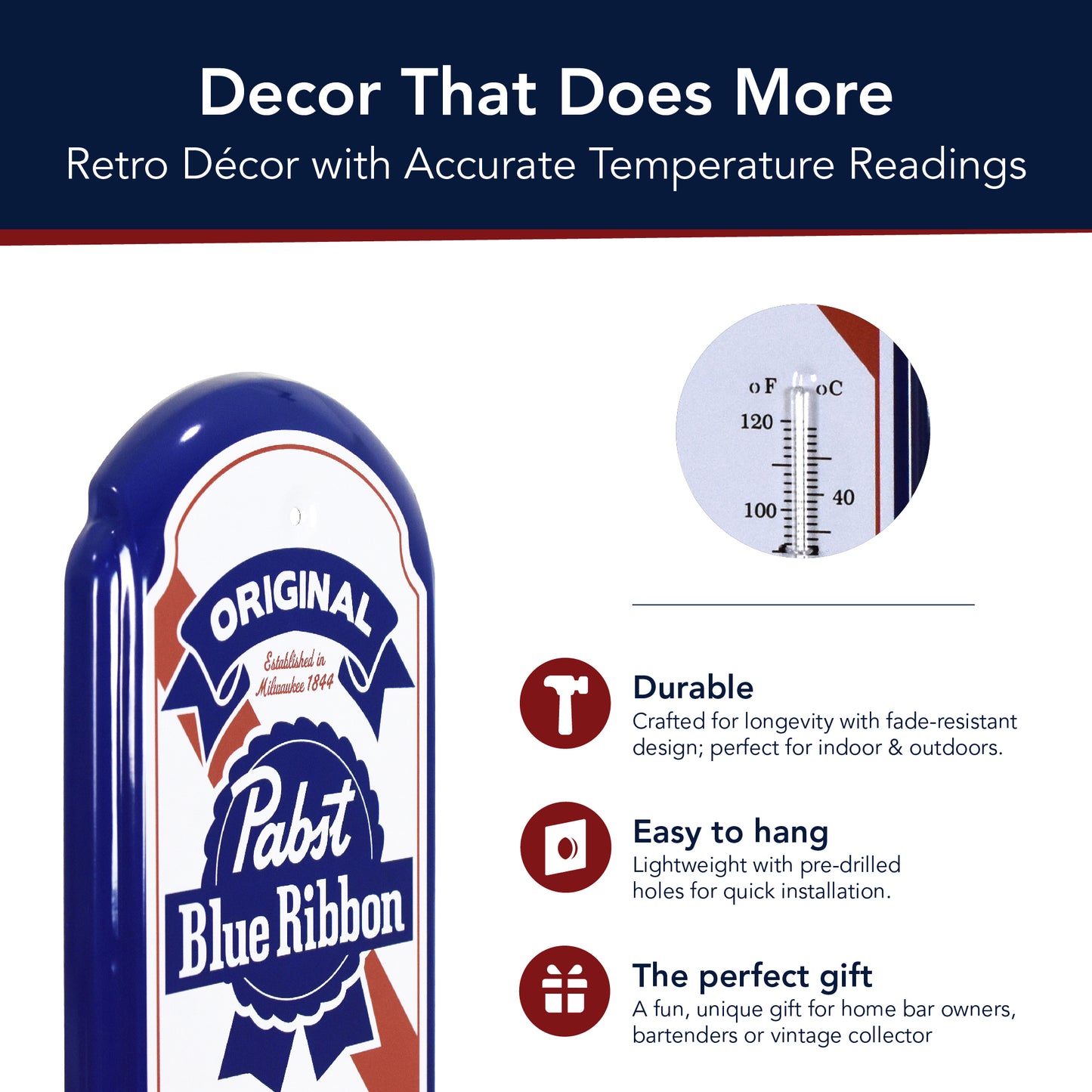 Pabst Blue Ribbon Vintage Thermometer - Indoor/Outdoor Retro Sign