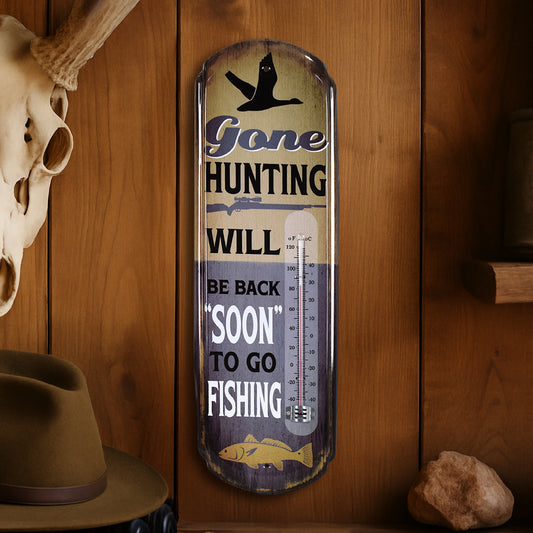 Gone Hunting Vintage Thermometer Rustic Wall Sign for Indoor/Outdoor