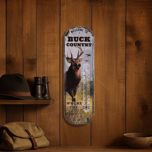 Buck Country Vintage Thermometer Rustic Wall Sign for Indoor/Outdoor