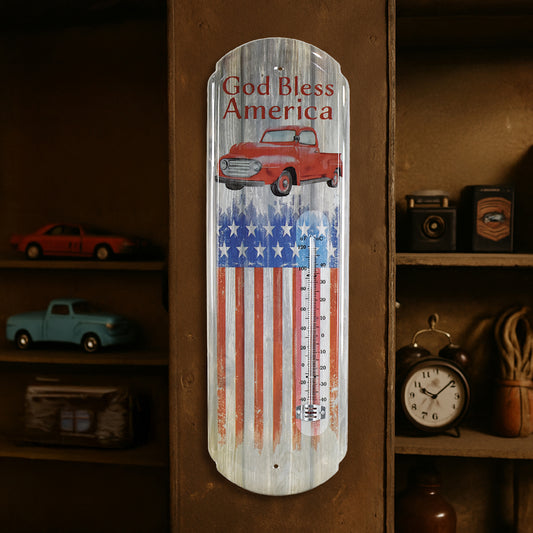 God Bless America Vintage Thermometer Wall Sign with Red Truck & Flag