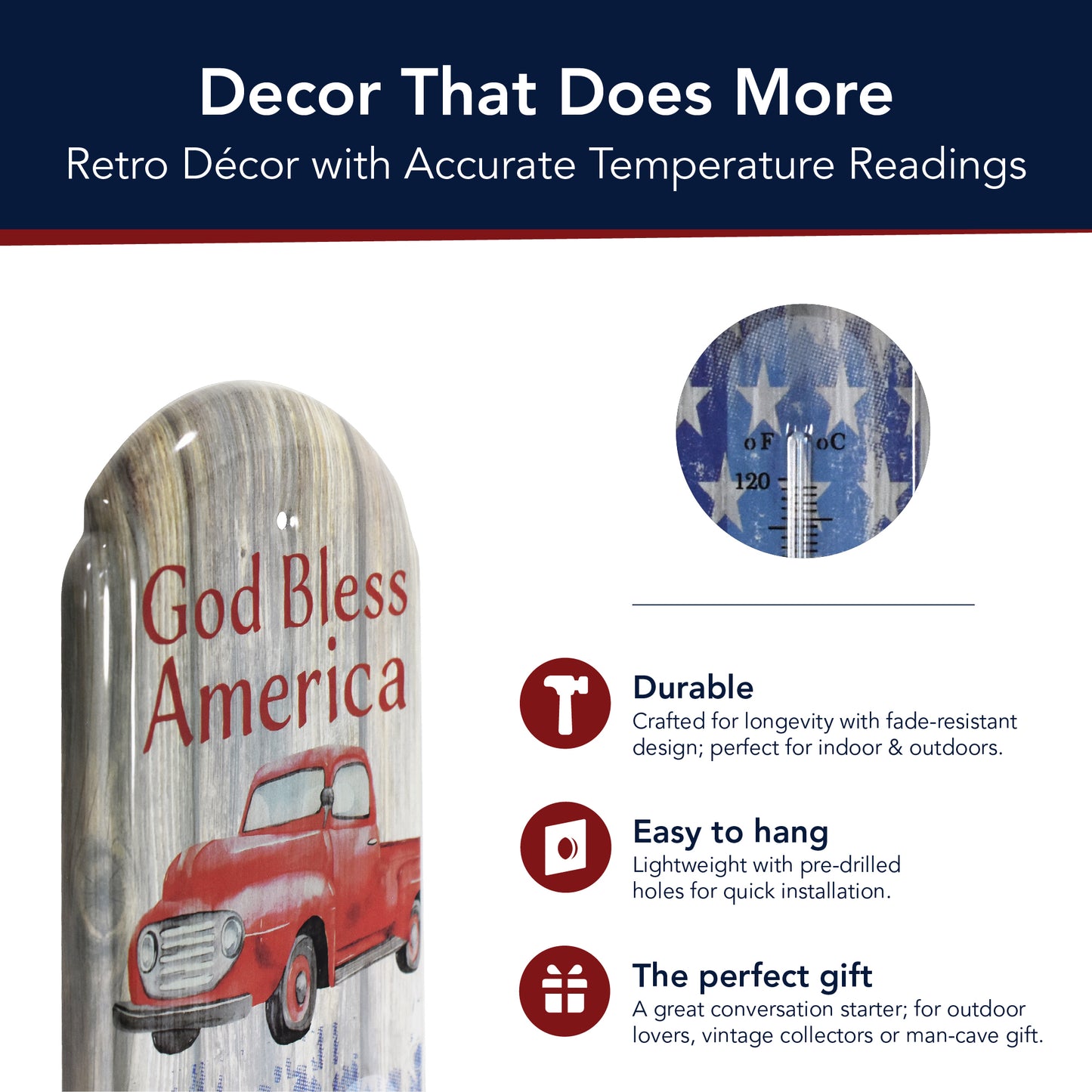 God Bless America Vintage Thermometer Wall Sign with Red Truck & Flag