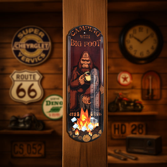 Camping with Bigfoot Vintage Thermometer Sign - Indoor/Outdoor Wall Decor