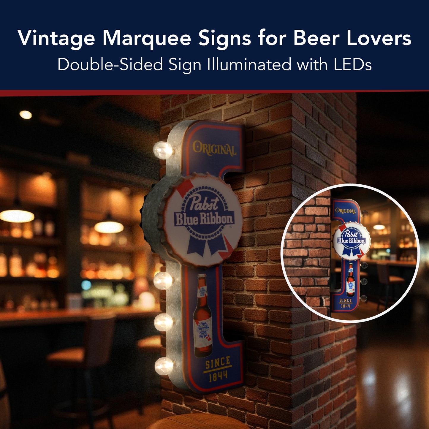 Original Pabst Blue Ribbon LED Metal Sign - Retro Marquee Wall Decor, vintage bar style wall decor, metal, man cave, game room, and home bar decor for men, designed for upscale man caves and home bars.