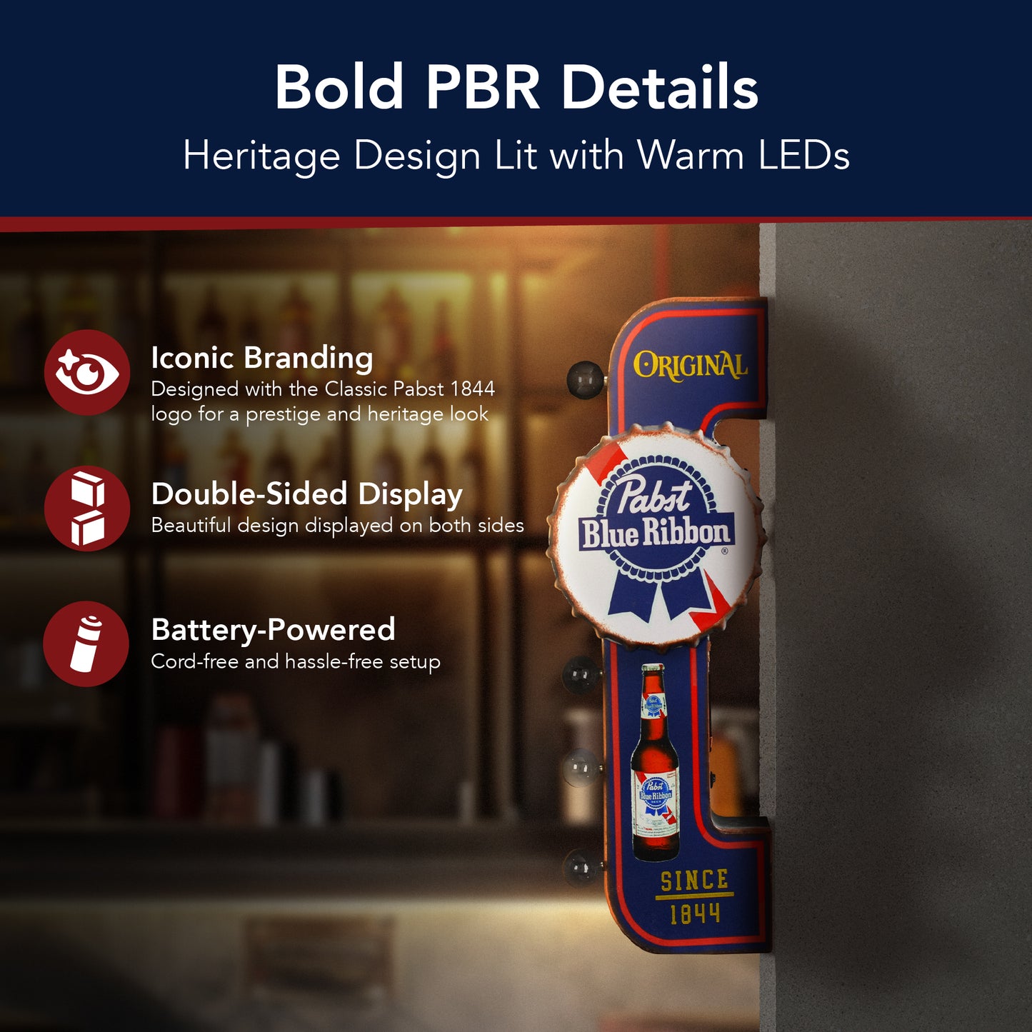 Original Pabst Blue Ribbon LED Metal Sign - Retro Marquee Wall Decor, sports bar style wall decor, metal, man cave, game room, and home bar decor for men, built to elevate game rooms and sports bar spaces.