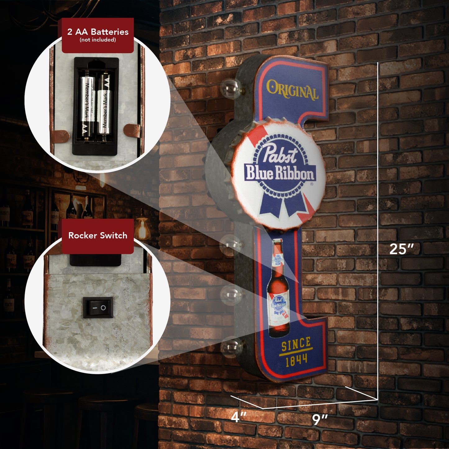 Original Pabst Blue Ribbon LED Metal Sign - Retro Marquee Wall Decor, vintage bar style wall decor, metal, man cave, game room, and home bar decor for men, designed for upscale man caves and home bars.