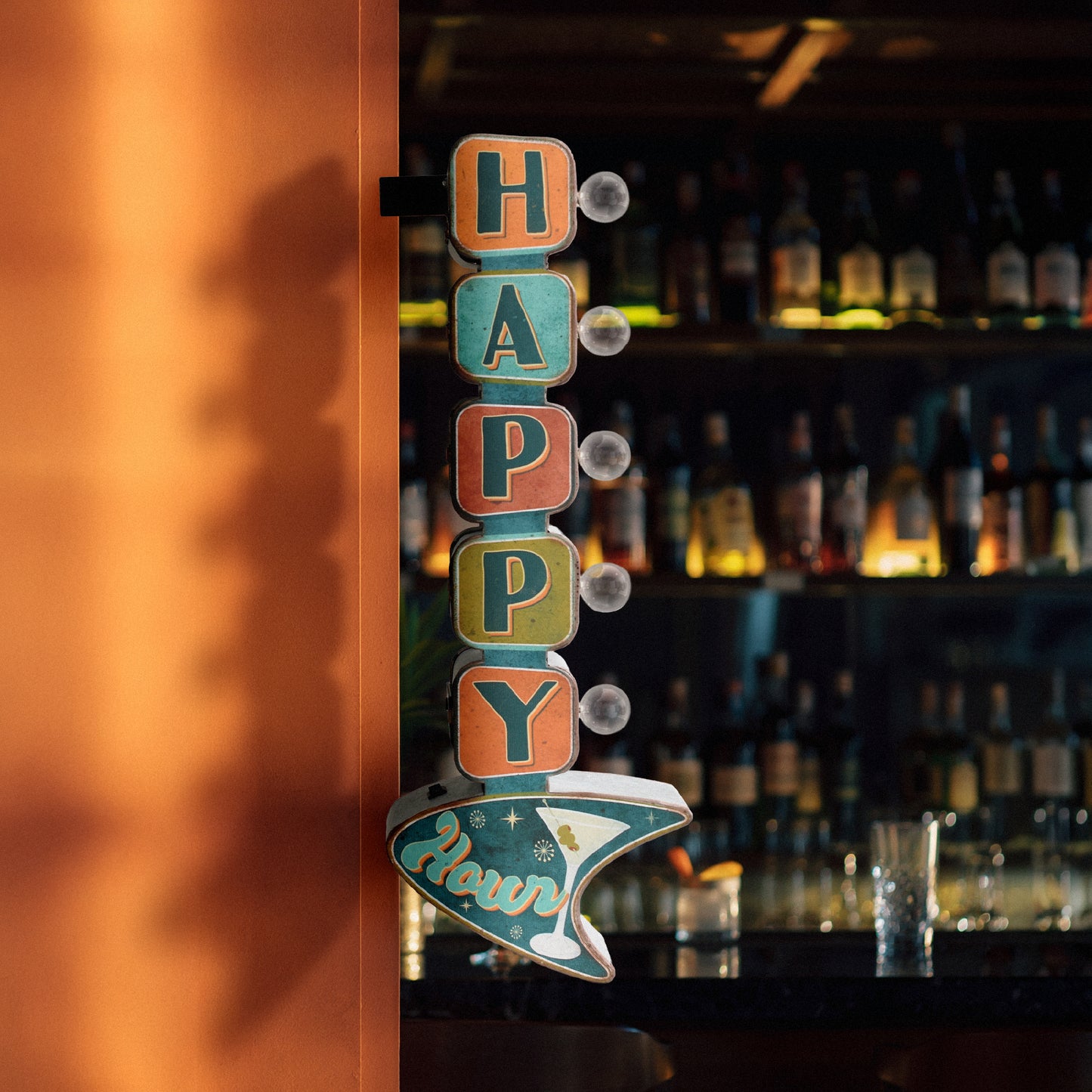 'Happy Hour' LED Metal Sign - Retro Marquee Wall Decor, masculine wall decor, rustic, metal, man cave, game room, and home bar decor for men, designed for man cave, game room, home bar, bar, rustic, styled as a bold focal point.
