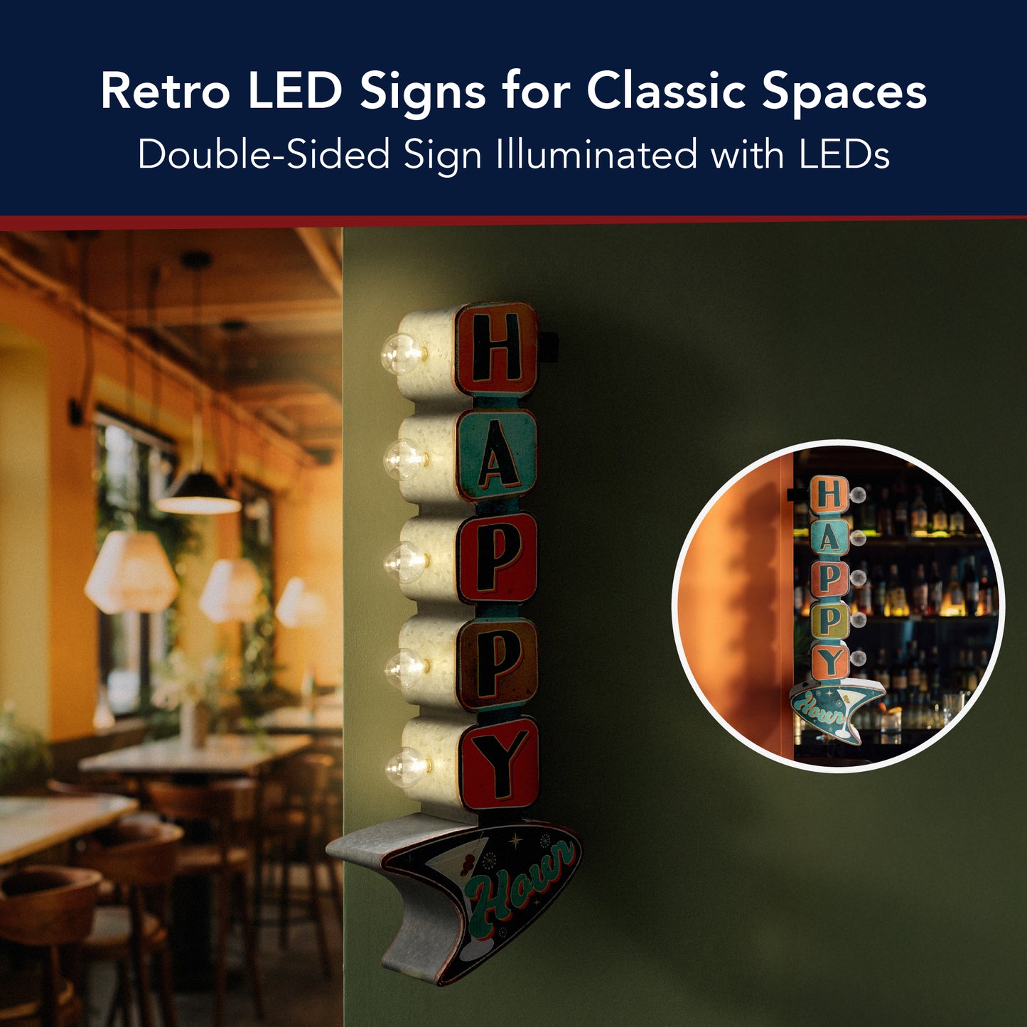 'Happy Hour' LED Metal Sign - Retro Marquee Wall Decor, masculine wall decor, rustic, metal, man cave, game room, and home bar decor for men, designed for man cave, game room, home bar, bar, rustic,