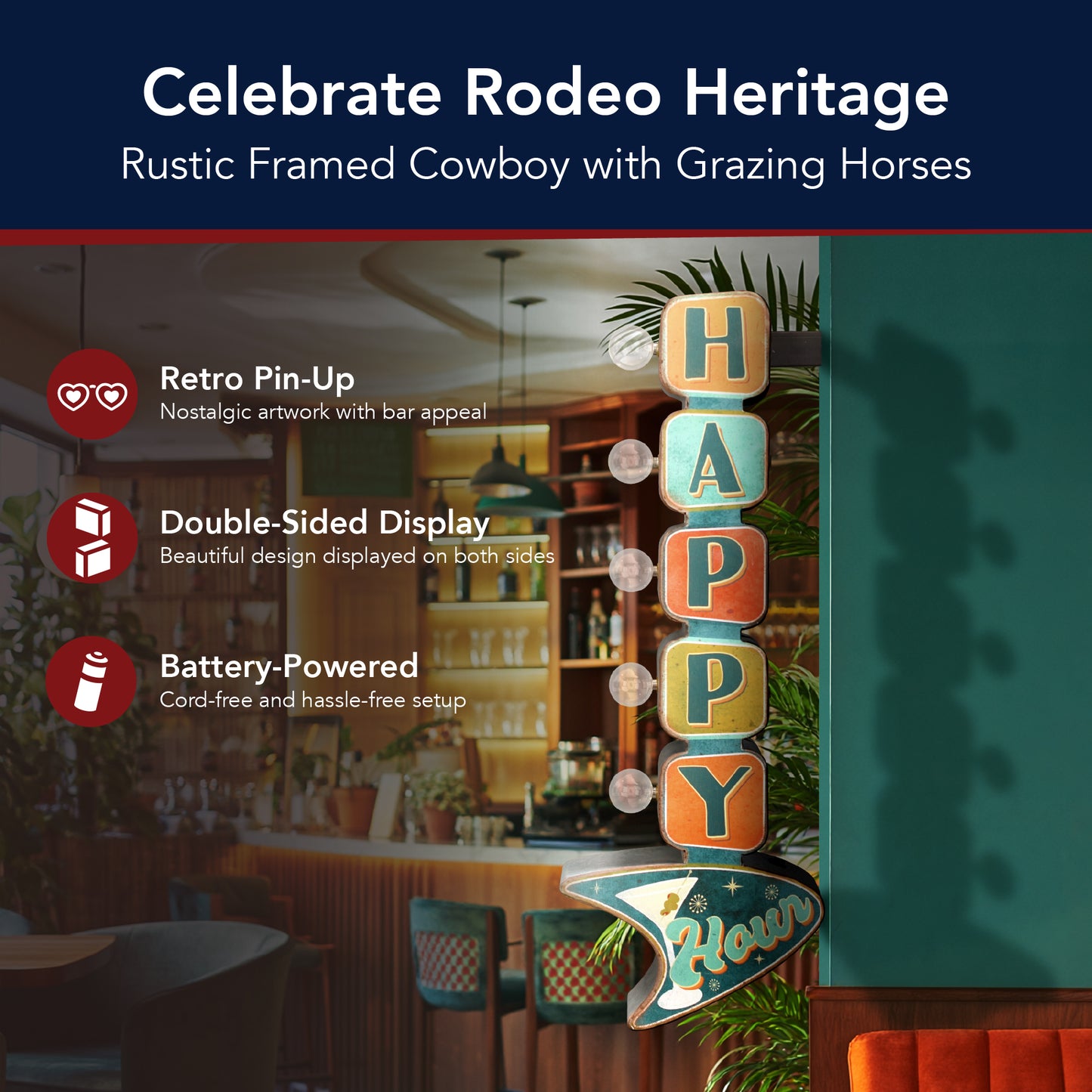 'Happy Hour' LED Metal Sign - Retro Marquee Wall Decor, masculine wall decor, rustic, metal, man cave, game room, and home bar decor for men, designed for man cave, game room, home bar, bar, rustic, crafted to elevate a relaxed social setting.