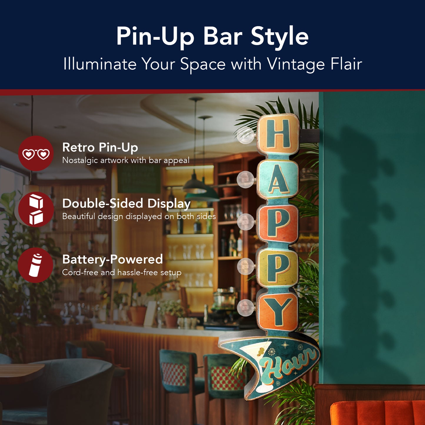 'Happy Hour' LED Metal Sign - Retro Marquee Wall Decor