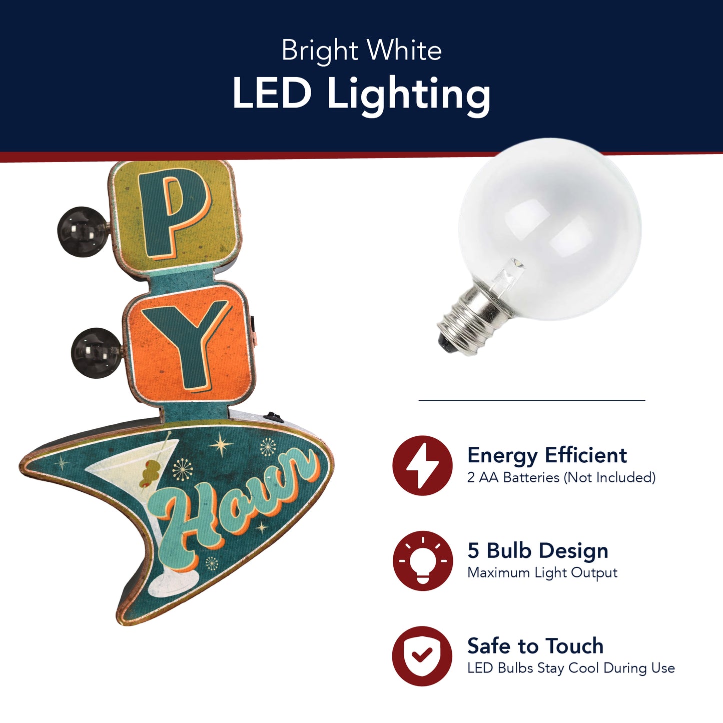 'Happy Hour' LED Metal Sign - Retro Marquee Wall Decor, masculine wall decor, rustic, metal, man cave, game room, and home bar decor for men, designed for man cave, game room, home bar, bar, rustic, adds character to a personalized room setup.