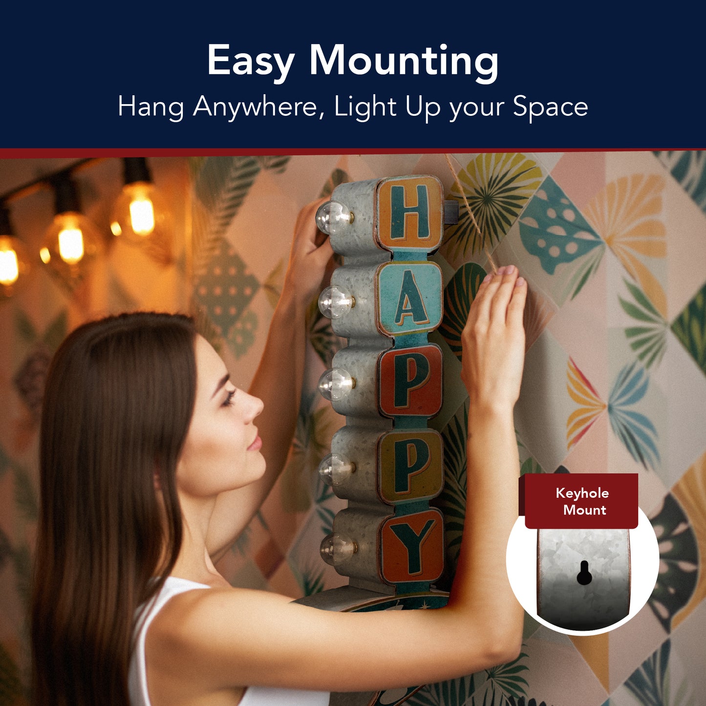 'Happy Hour' LED Metal Sign - Retro Marquee Wall Decor, masculine wall decor, rustic, metal, man cave, game room, and home bar decor for men, designed for man cave, game room, home bar, bar, rustic, ideal for showcasing personality and taste.