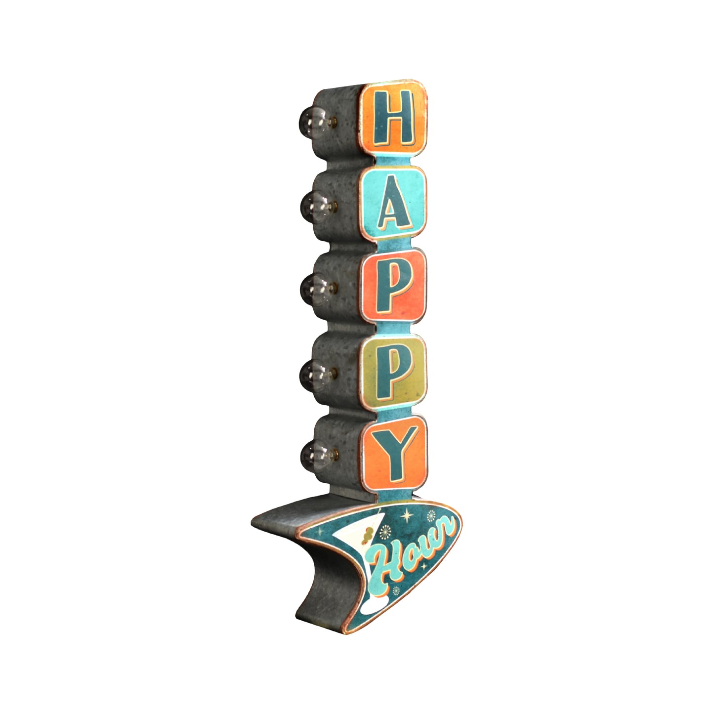 'Happy Hour' LED Metal Sign - Retro Marquee Wall Decor, masculine wall decor, rustic, metal, man cave, game room, and home bar decor for men, designed for man cave, game room, home bar, bar, rustic, shown in masculine interior styling.