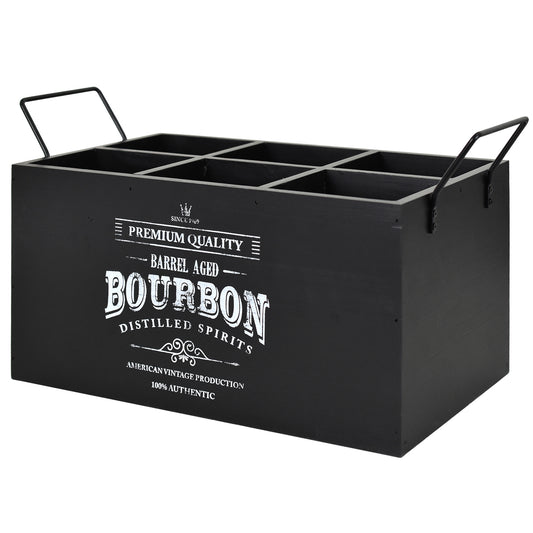 The Bourbon Bar 6-Bottle Wood Crate with Metal Handles - 7" H x 14" L x 8" D