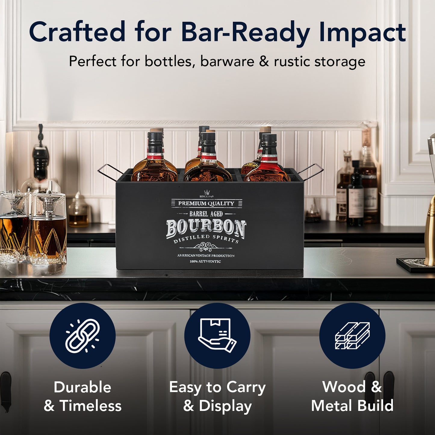 The Bourbon Bar 6-Bottle Wood Crate with Metal Handles - 7" H x 14" L x 8" D