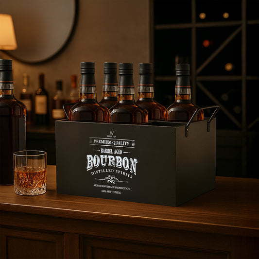 The Bourbon Bar 6-Bottle Wood Crate with Metal Handles - 7" H x 14" L x 8" D