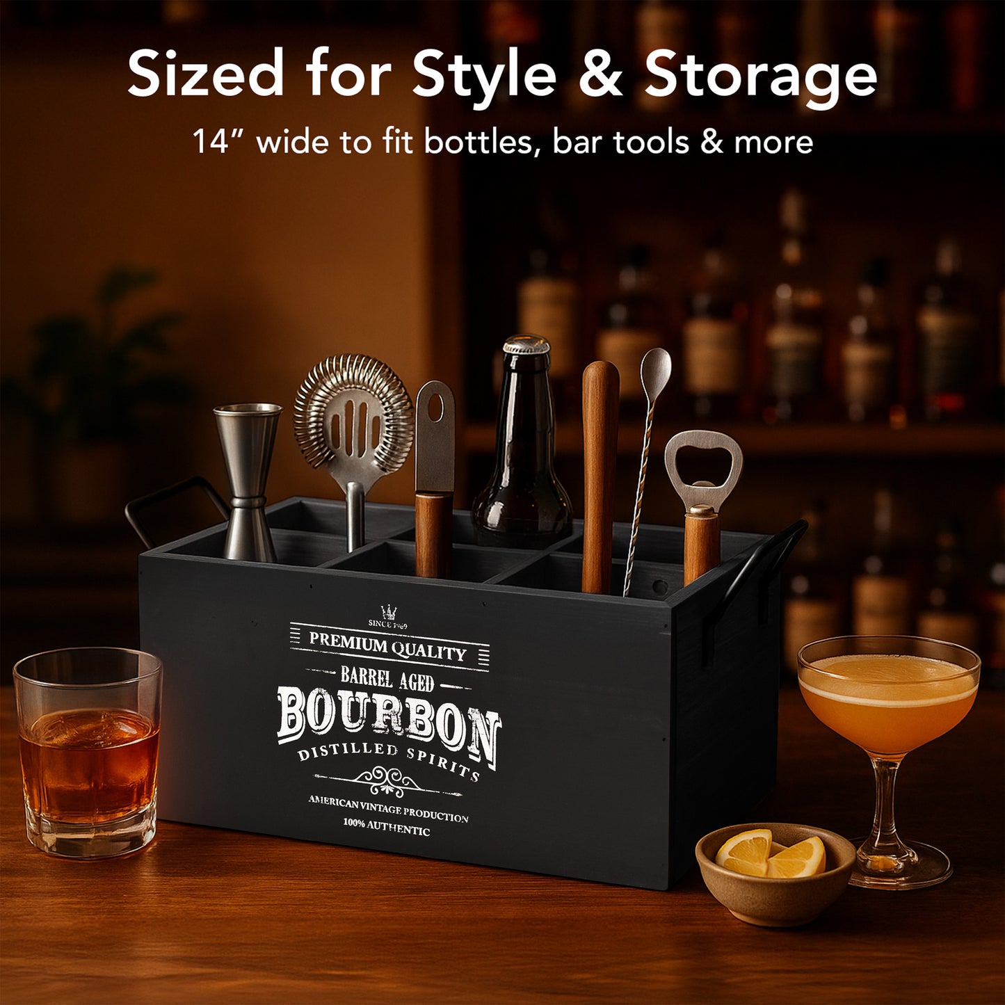 The Bourbon Bar 6-Bottle Wood Crate with Metal Handles - 7" H x 14" L x 8" D