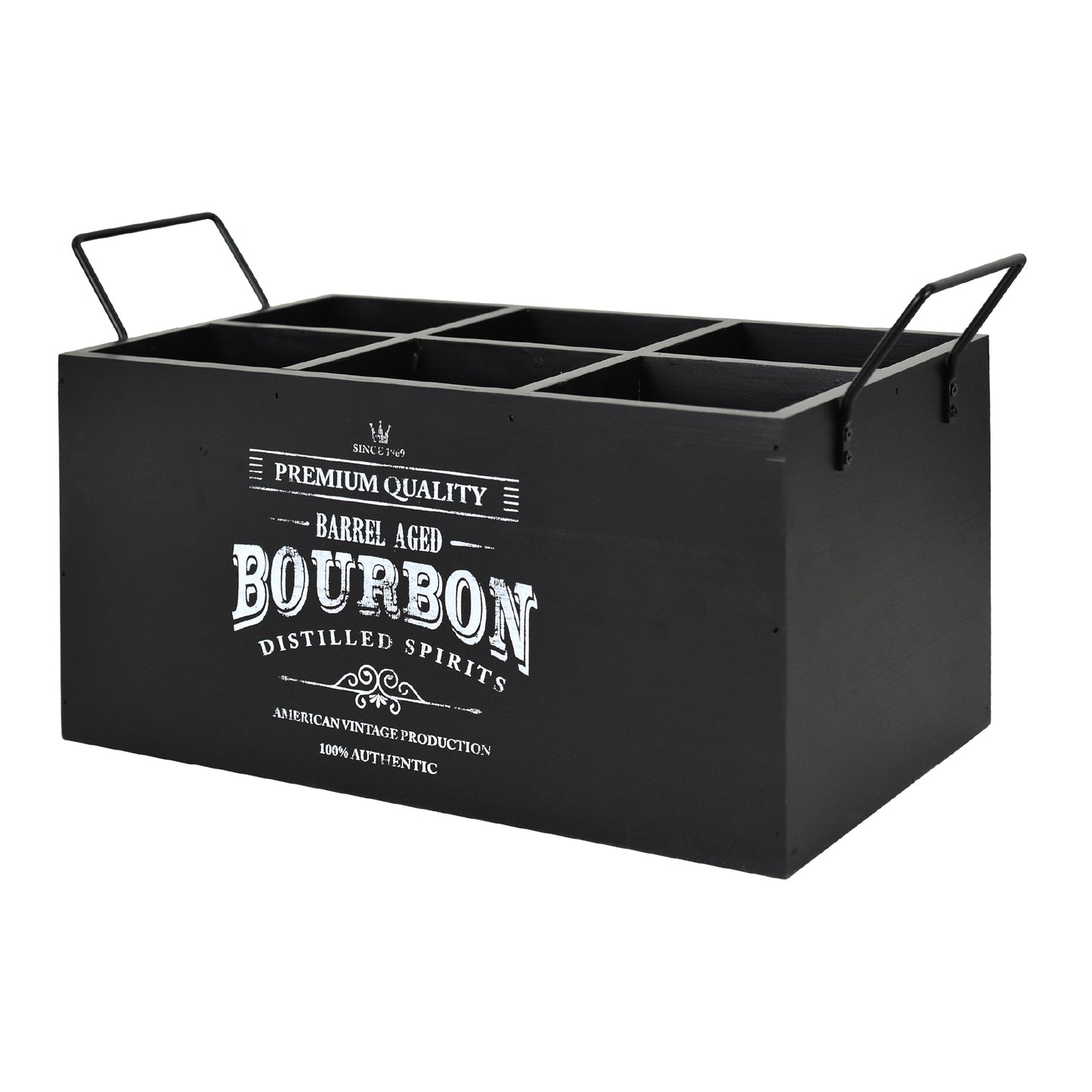 Black bourbon-themed wooden six-bottle crate with six divided compartments, distressed white vintage lettering, open top, and two metal side handles for rustic home bar storage.