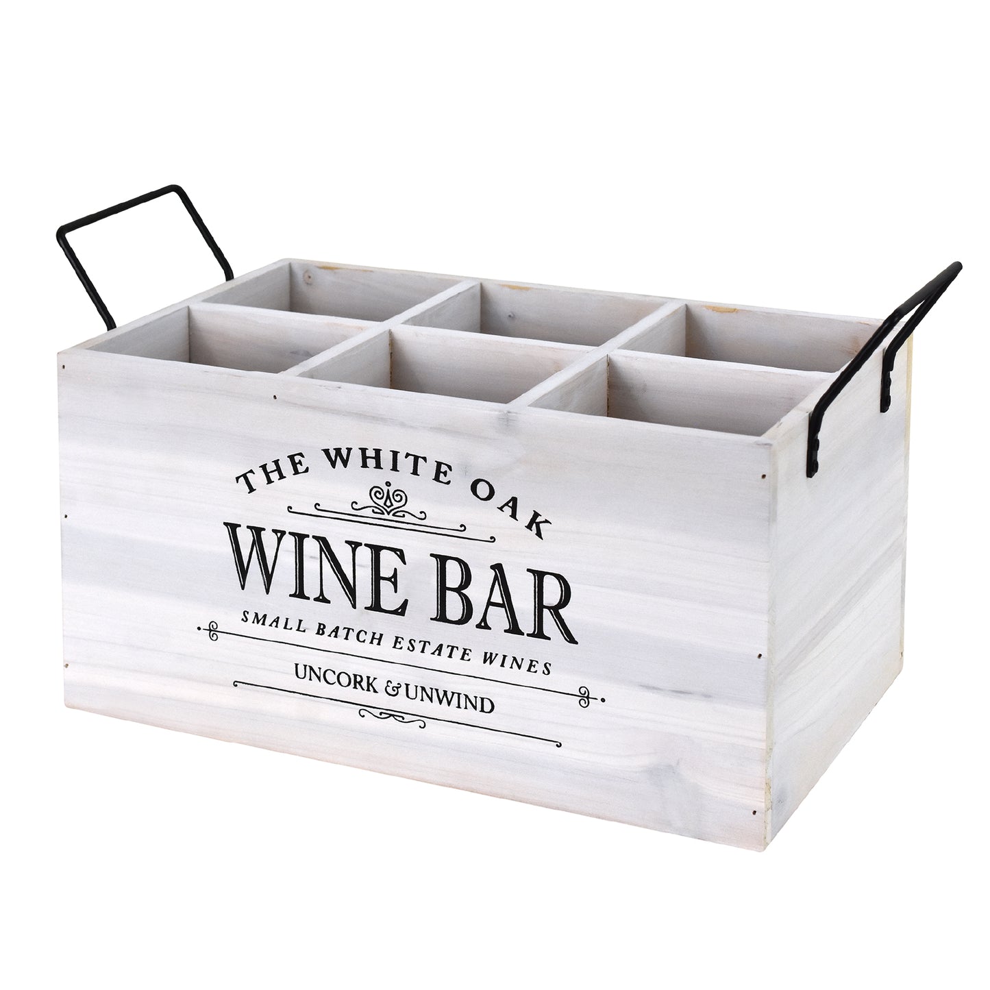 Whitewashed wooden Wine Bar six-bottle crate with six divided compartments, black vintage typography, open top, and two black metal side handles shown at a three-quarter angle.