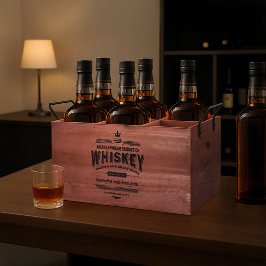 The Whiskey Bar 6-Bottle Wood Crate with Metal Handles - 7" H x 14" L x 8" D