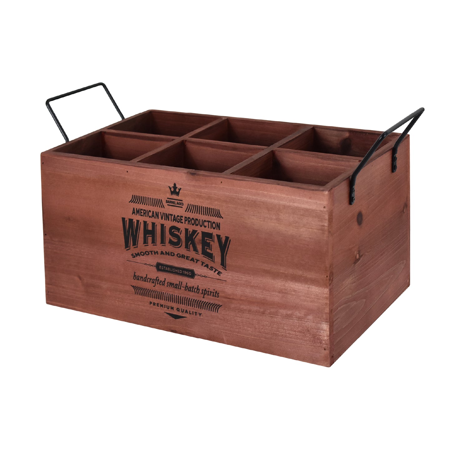 Rustic brown wooden Whiskey six-bottle crate with six divided compartments, black vintage distillery typography, open top, and two black metal side handles in a three-quarter view.