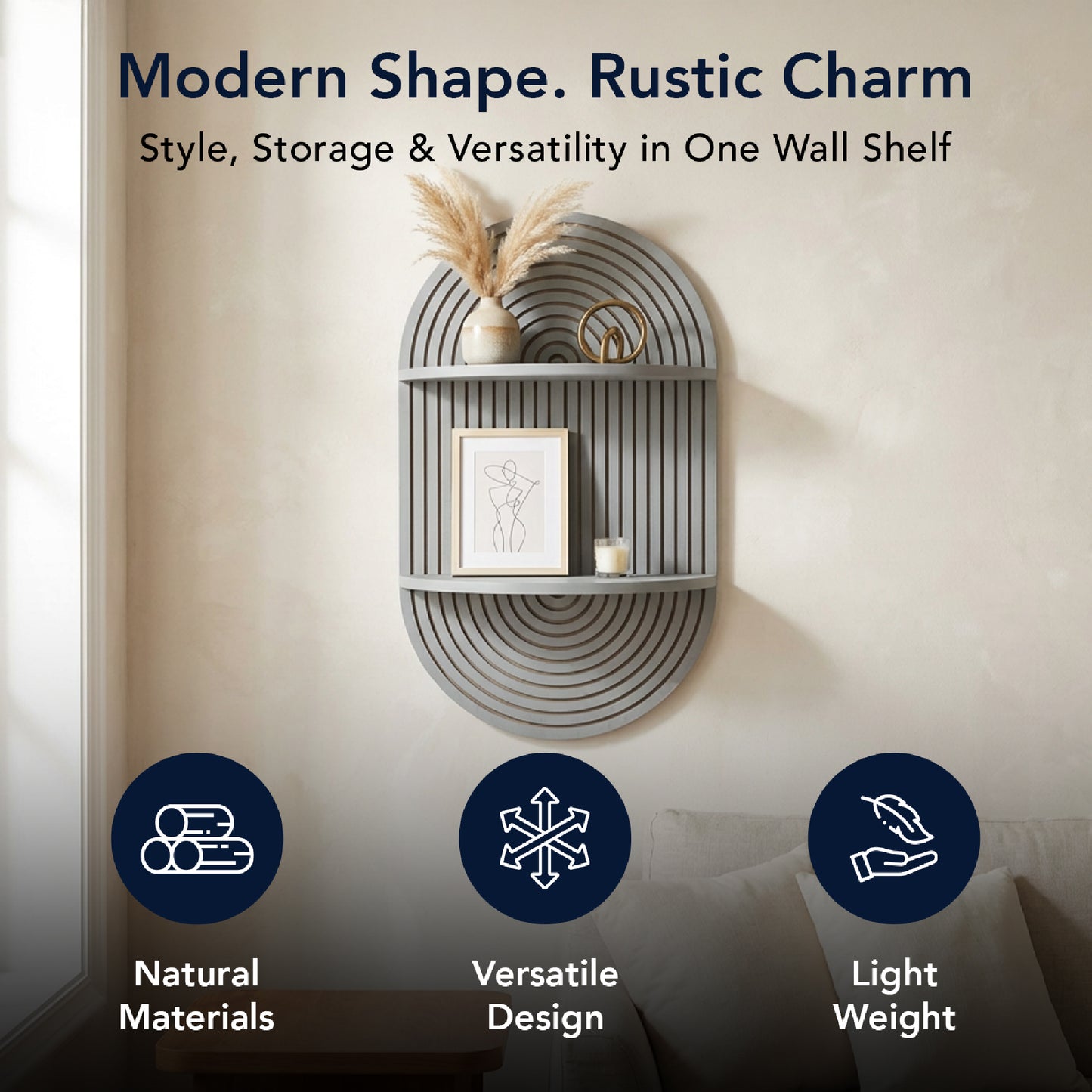 Grey Boho Arched Carved Modular Lunar Ledges 2-Tier Floating Wall Shelf