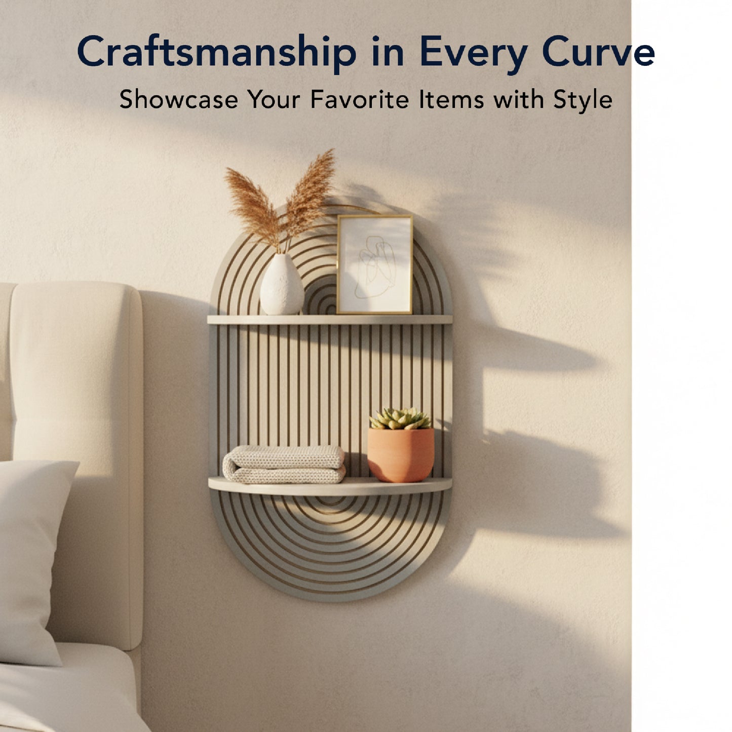 Grey Boho Arched Carved Modular Lunar Ledges 2-Tier Floating Wall Shelf