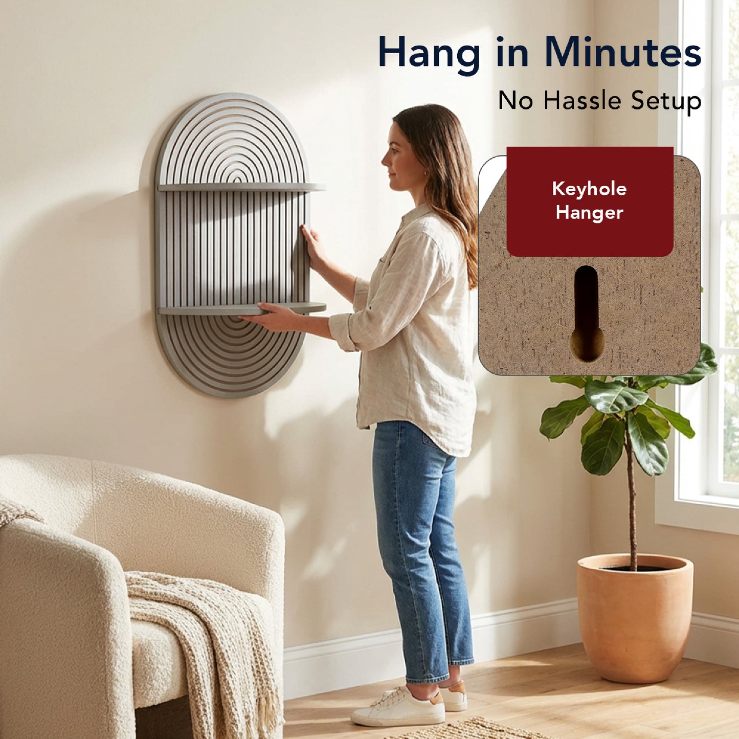 Grey Boho Arched Carved Modular Lunar Ledges 2-Tier Floating Wall Shelf