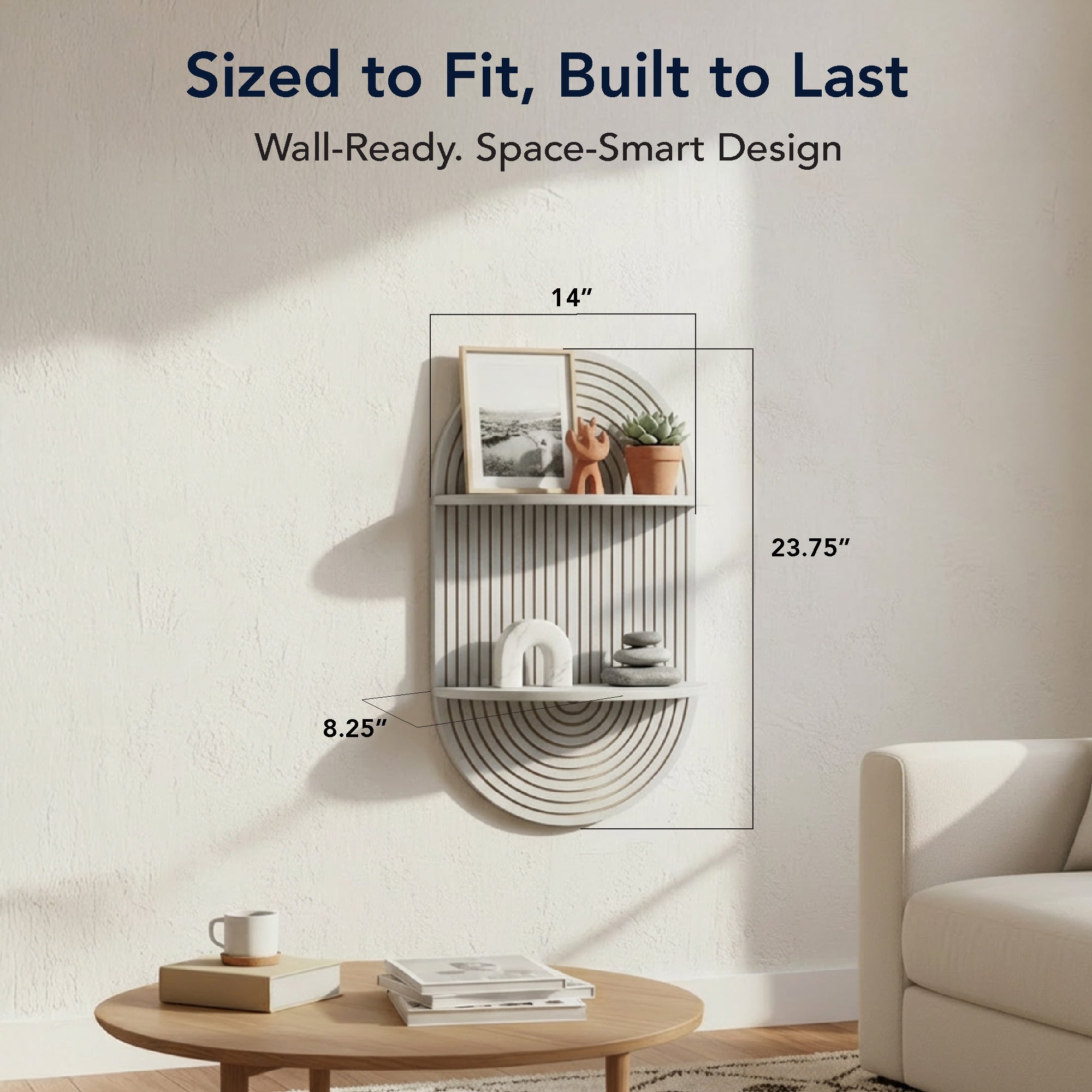 Grey Boho Arched Carved Modular Lunar Ledges 2-Tier Floating Wall Shelf