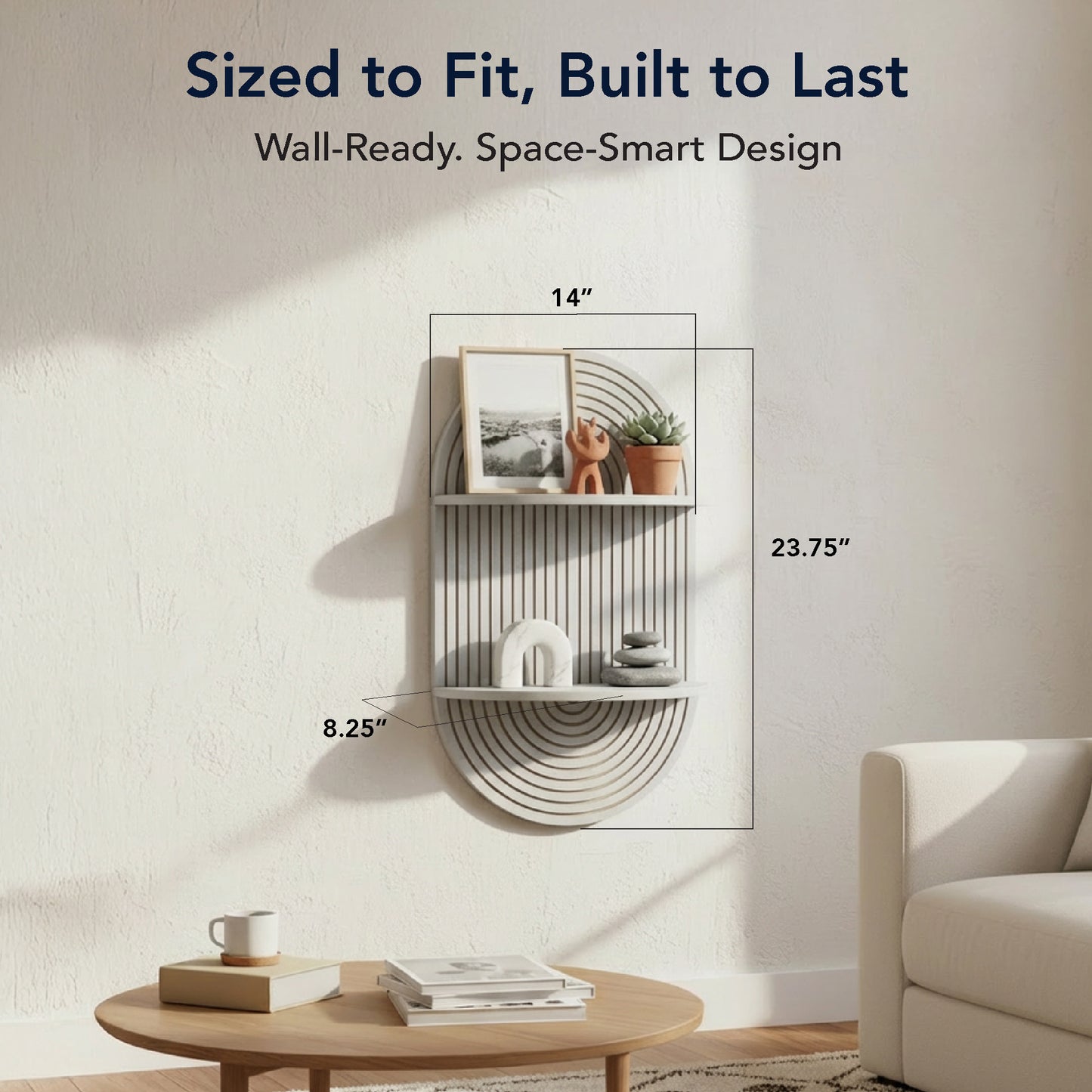 Grey Boho Arched Carved Modular Lunar Ledges 2-Tier Floating Wall Shelf