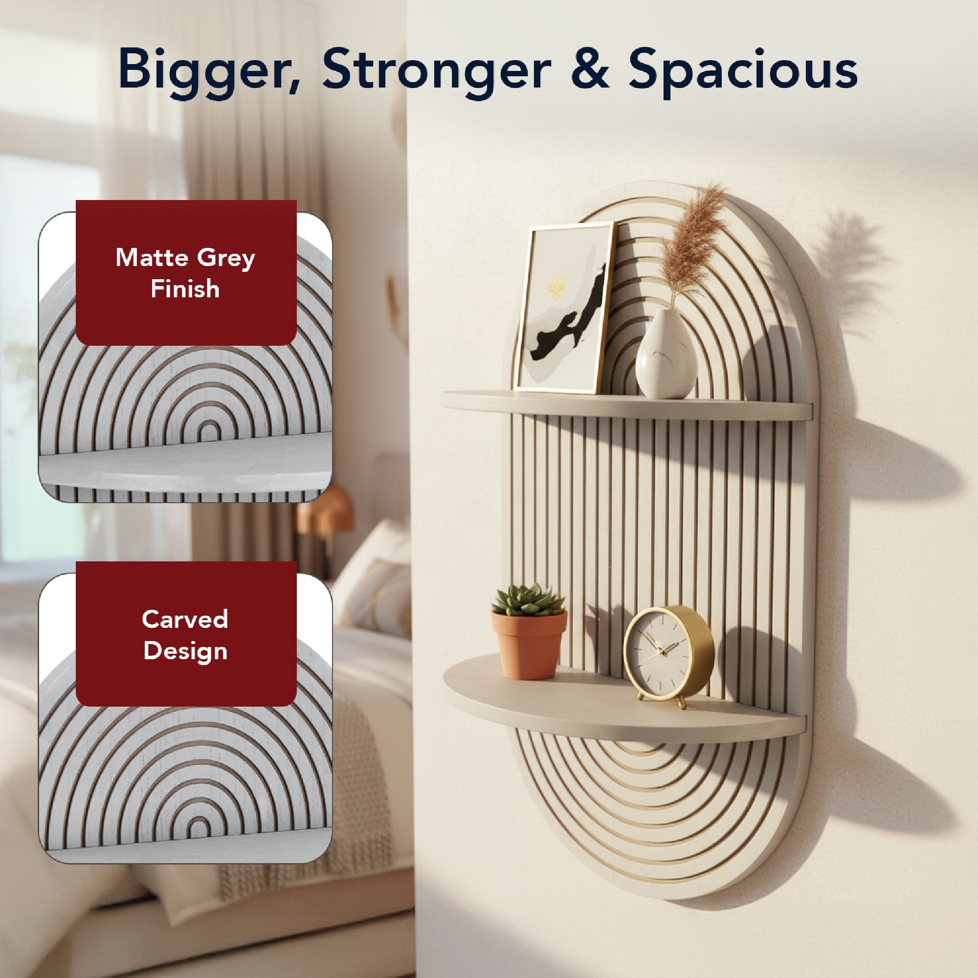 Grey Boho Arched Carved Modular Lunar Ledges 2-Tier Floating Wall Shelf