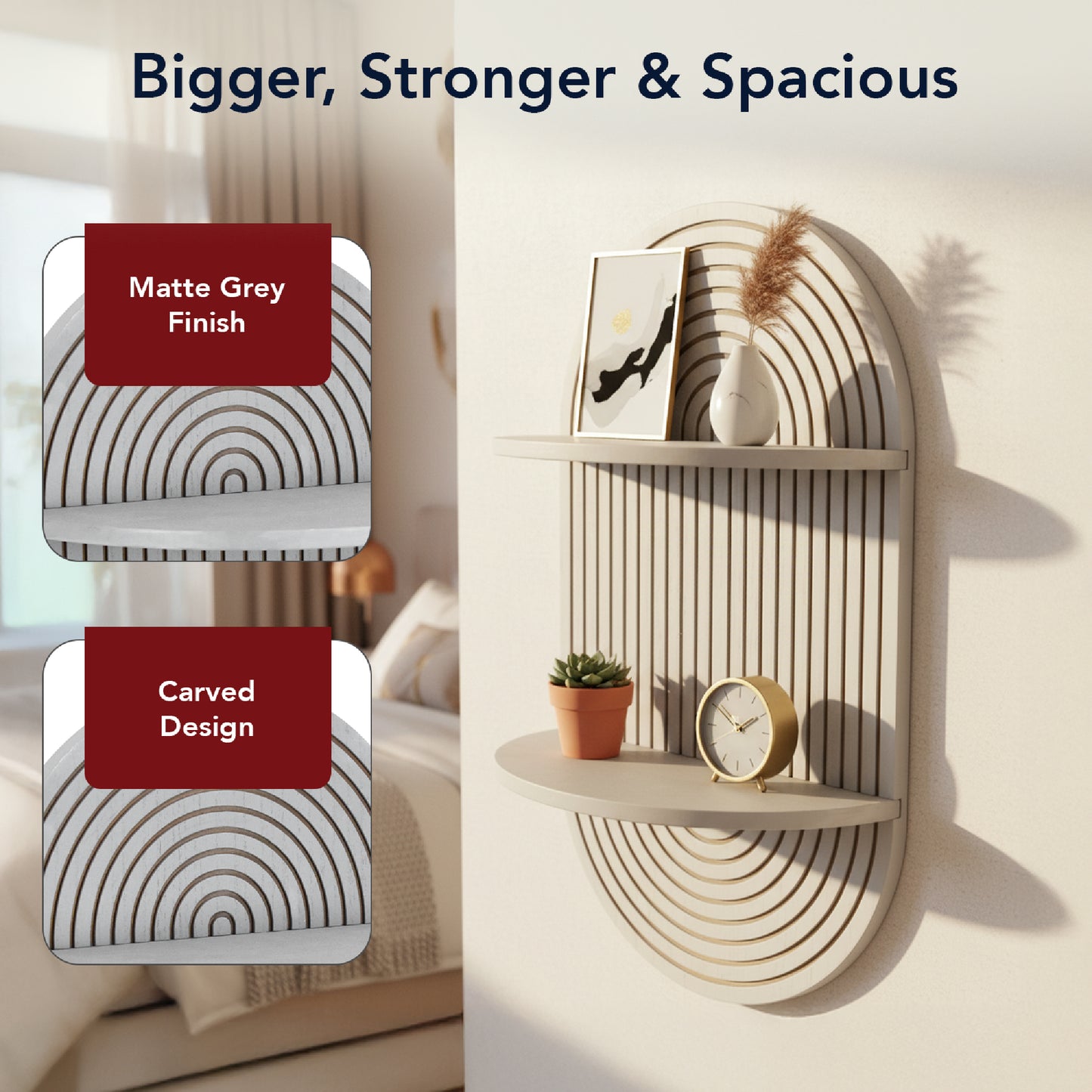 Grey Boho Arched Carved Modular Lunar Ledges 2-Tier Floating Wall Shelf