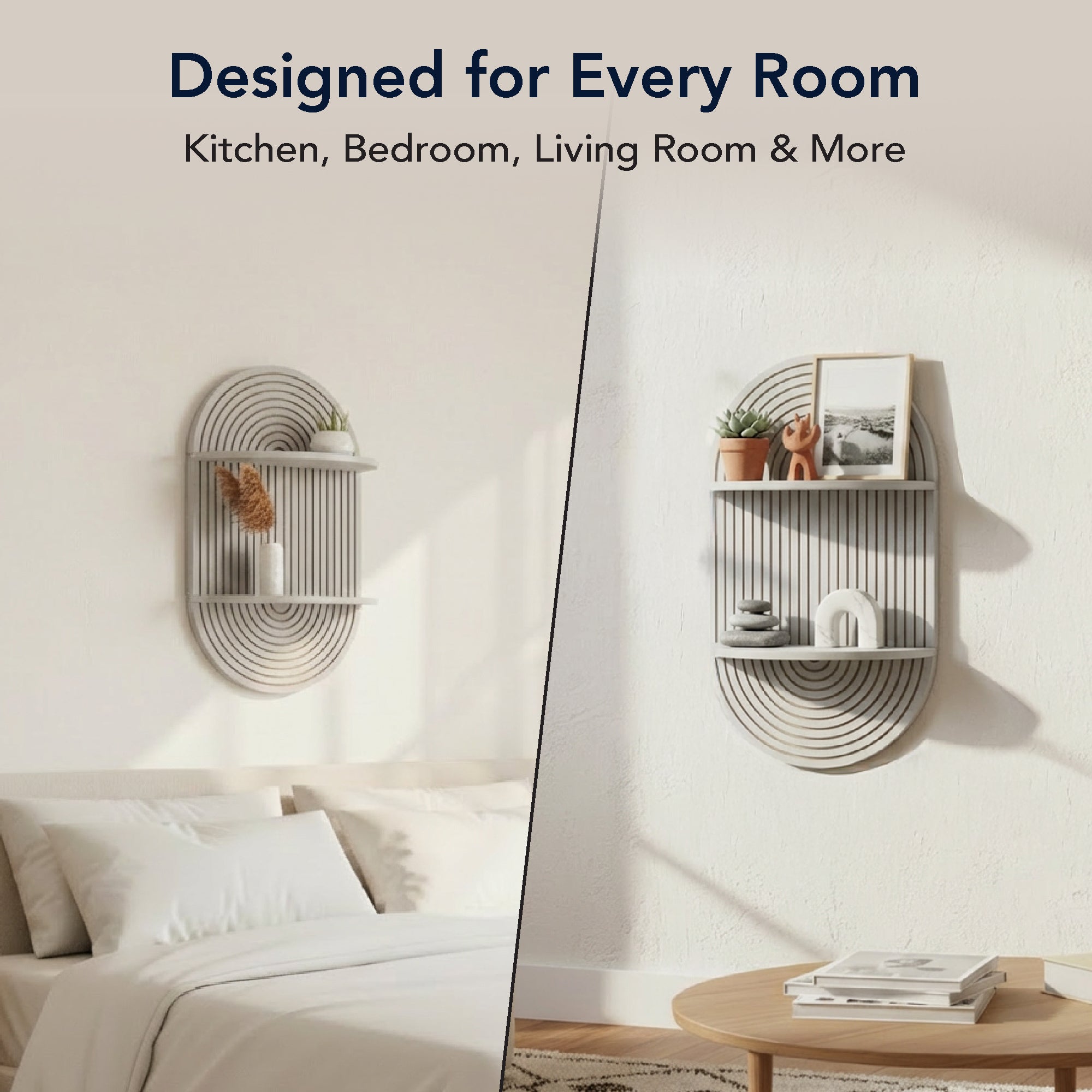 Grey Boho Arched Carved Modular Lunar Ledges 2-Tier Floating Wall Shelf