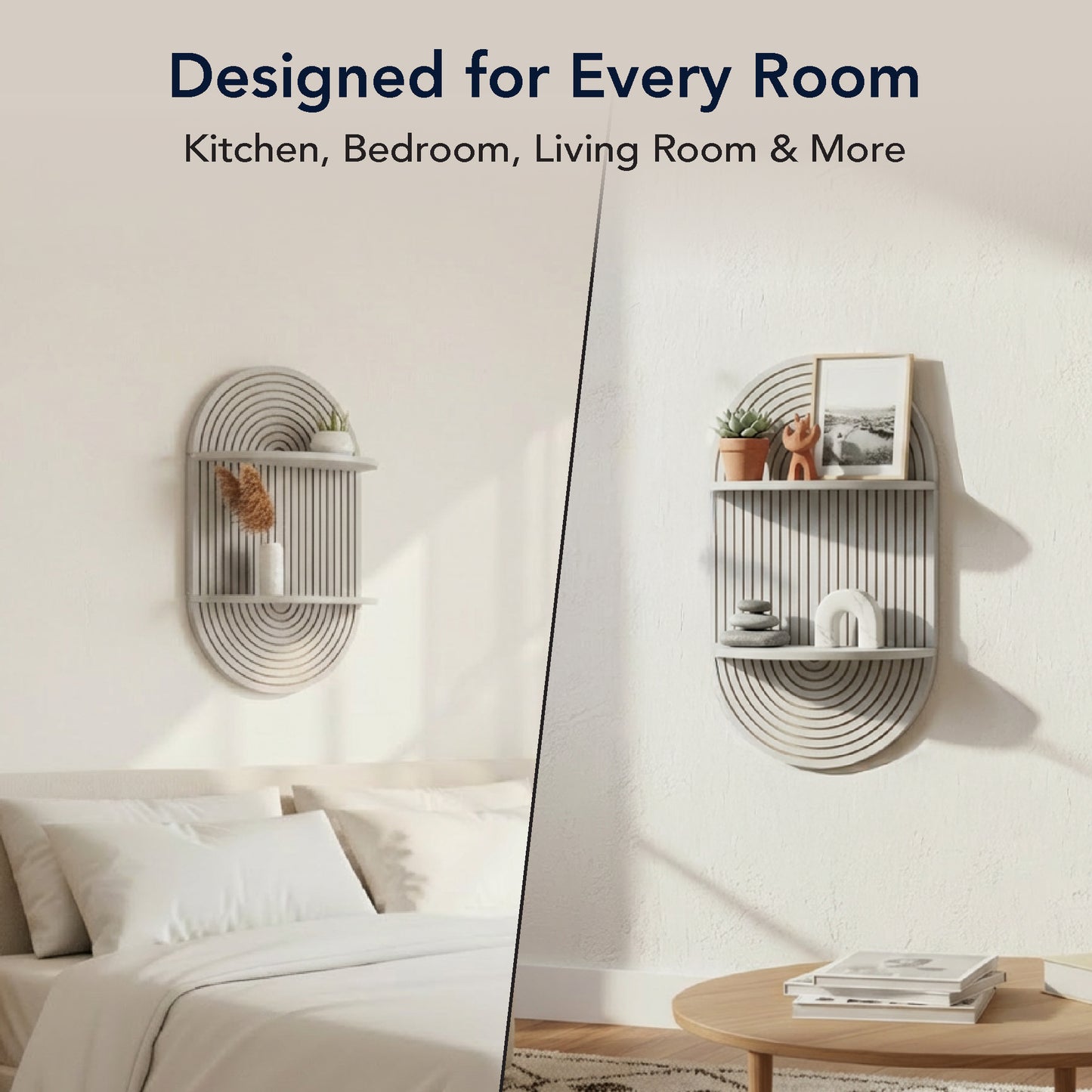 Grey Boho Arched Carved Modular Lunar Ledges 2-Tier Floating Wall Shelf