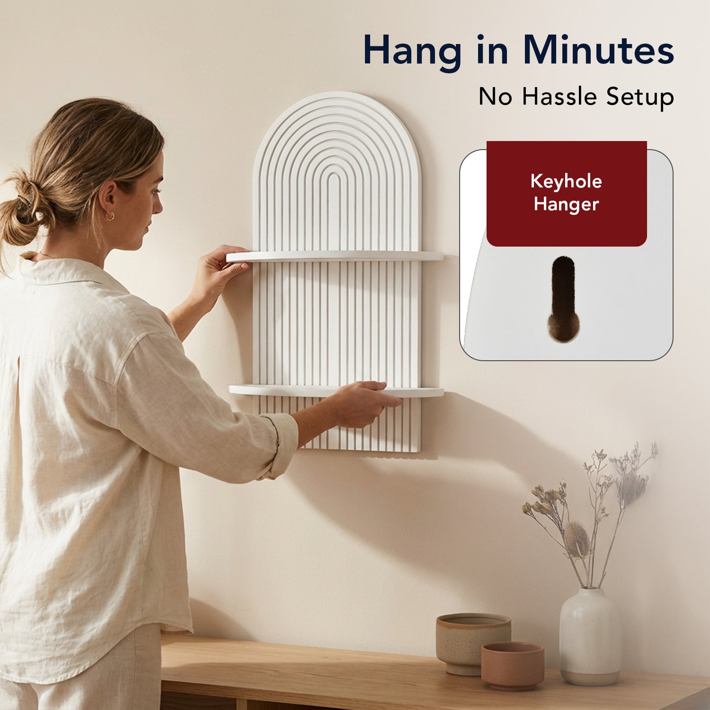 White Boho Arched Lunar Ledges 2-Tier Floating Wall Shelf