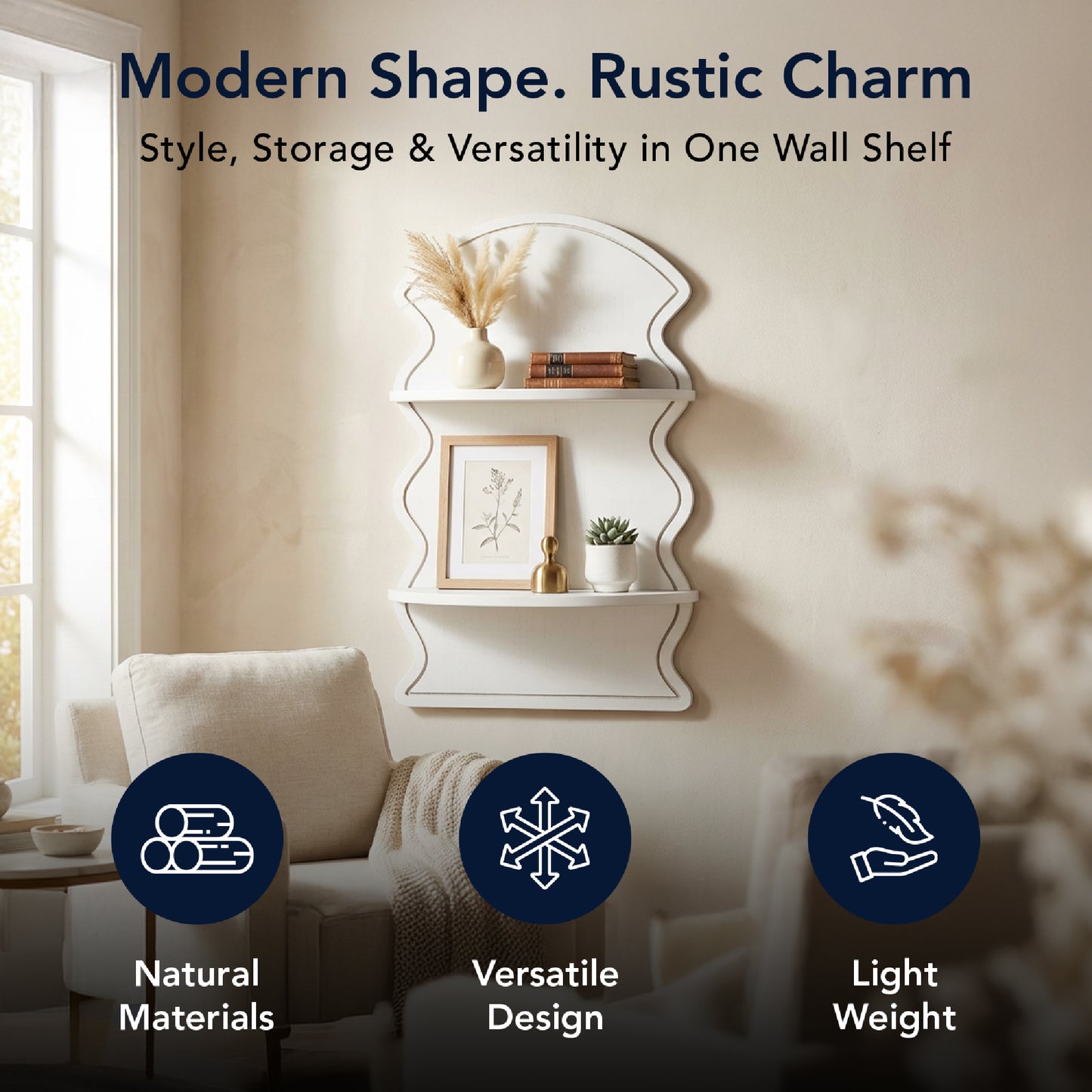 White Wavy Arched Lunar Ledges 2-Tier Floating Wall Shelf