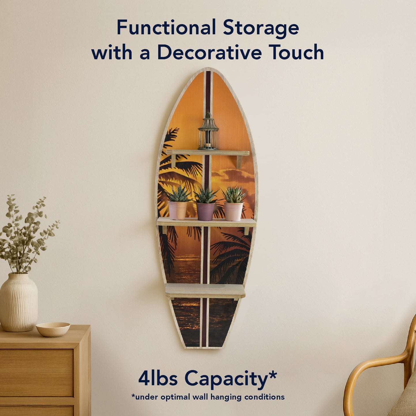 Hawaiian Sunset Surfboard Wall Shelf - Tropical Wall Decor