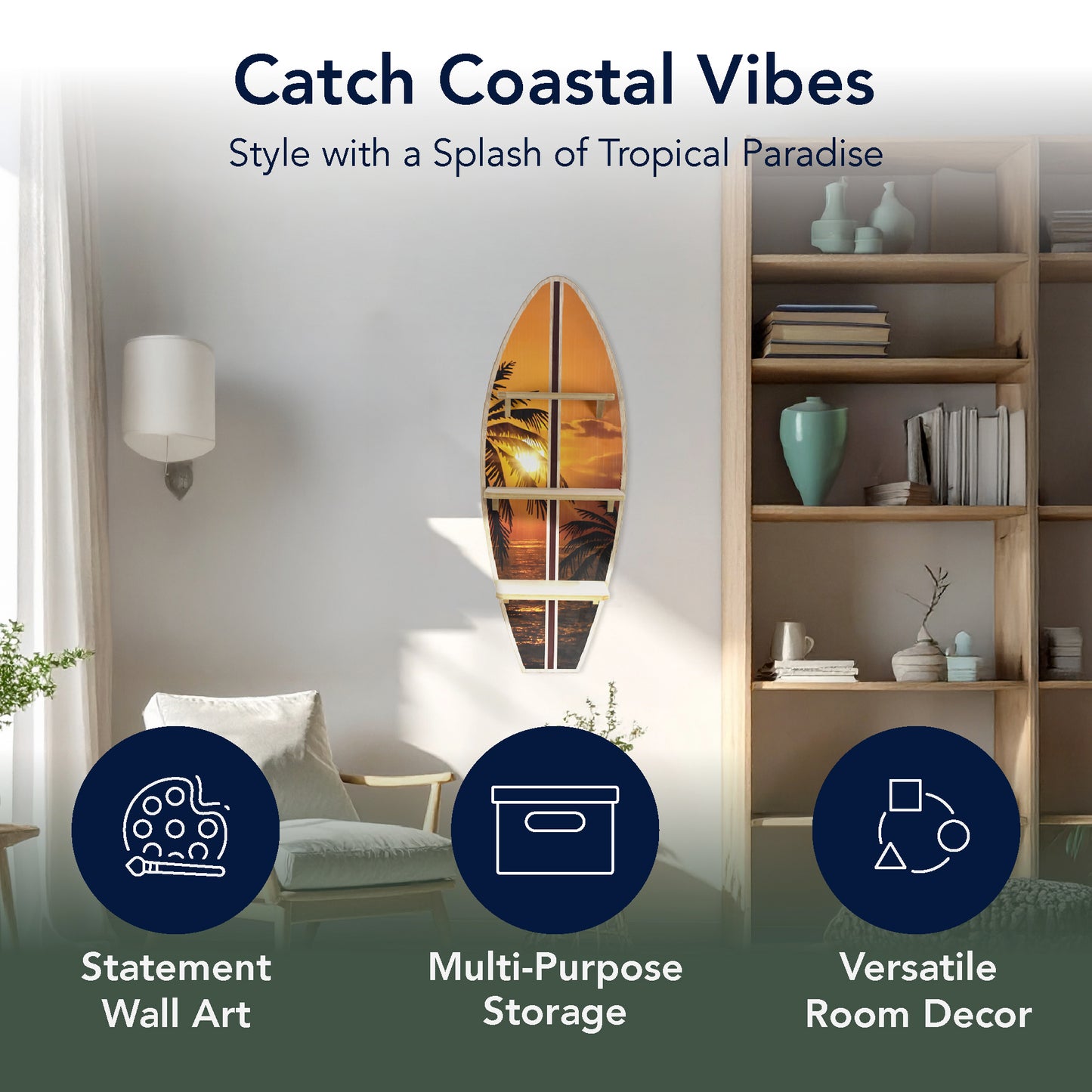 Hawaiian Sunset Surfboard Wall Shelf - Tropical Wall Decor